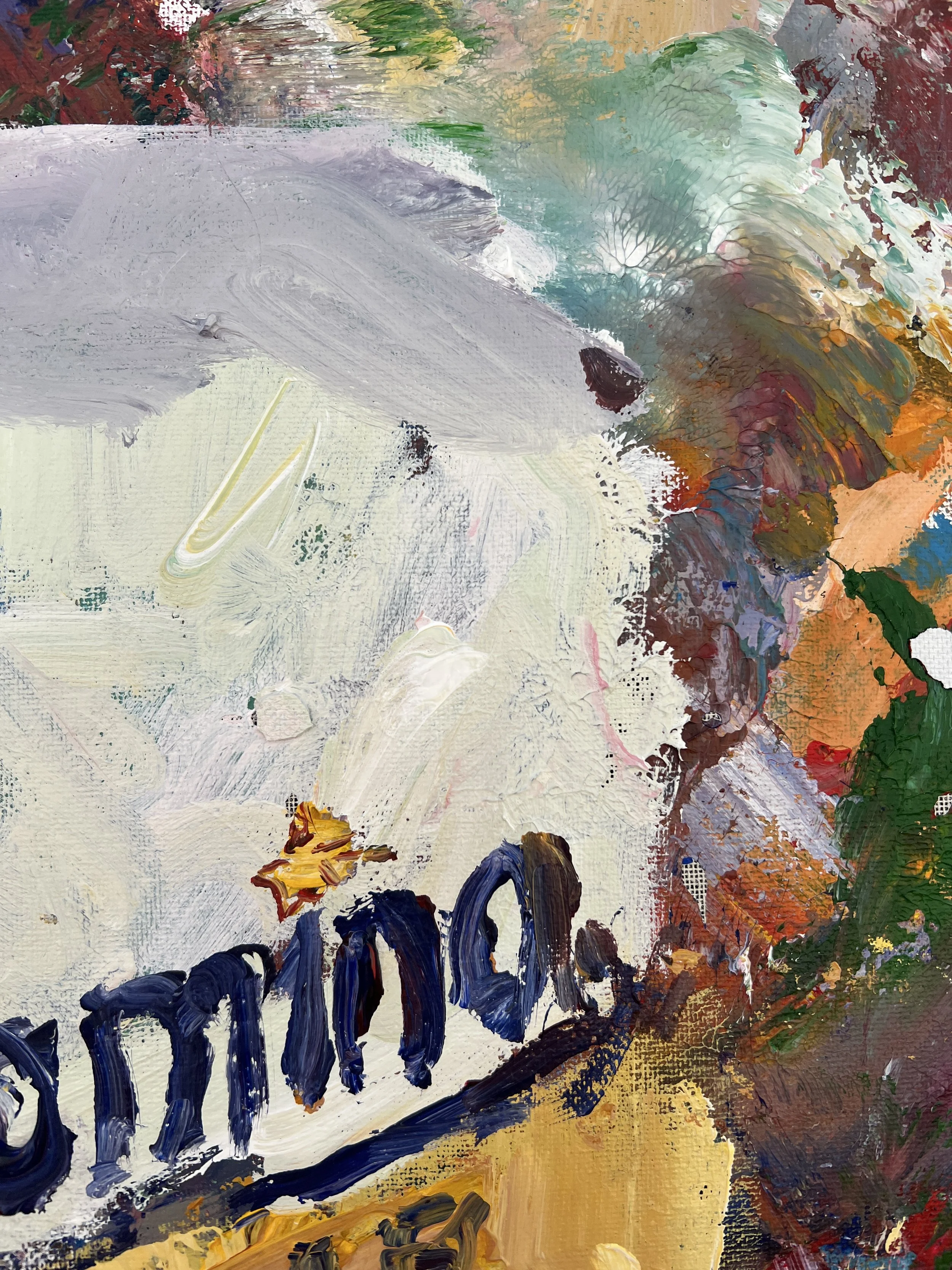 Bold expressive painting of Domino Pure Cane Sugar yellow bag with blue script, acrylics on 20x16 canvas - close up 2