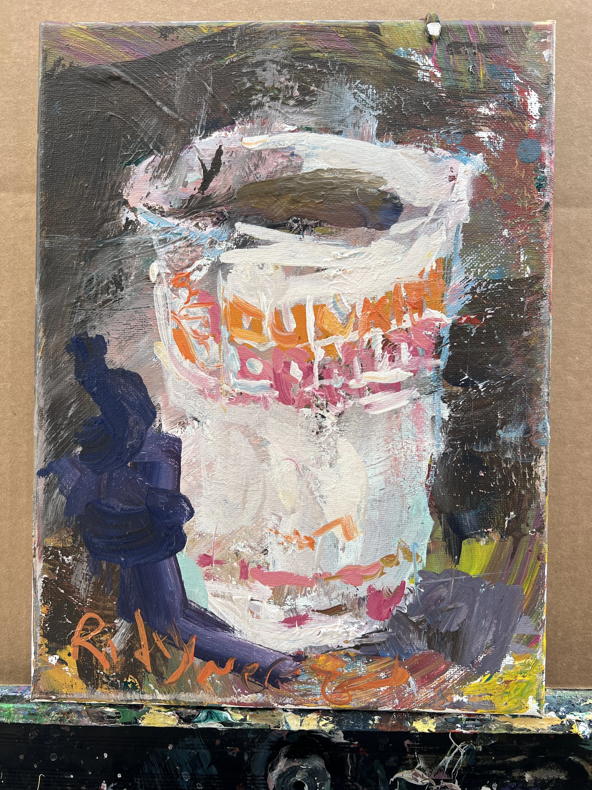 Loose expressive original painting of Dunkin' Donuts coffee cup in orange and pink on canvas - kitchen wall art shows all four edges
