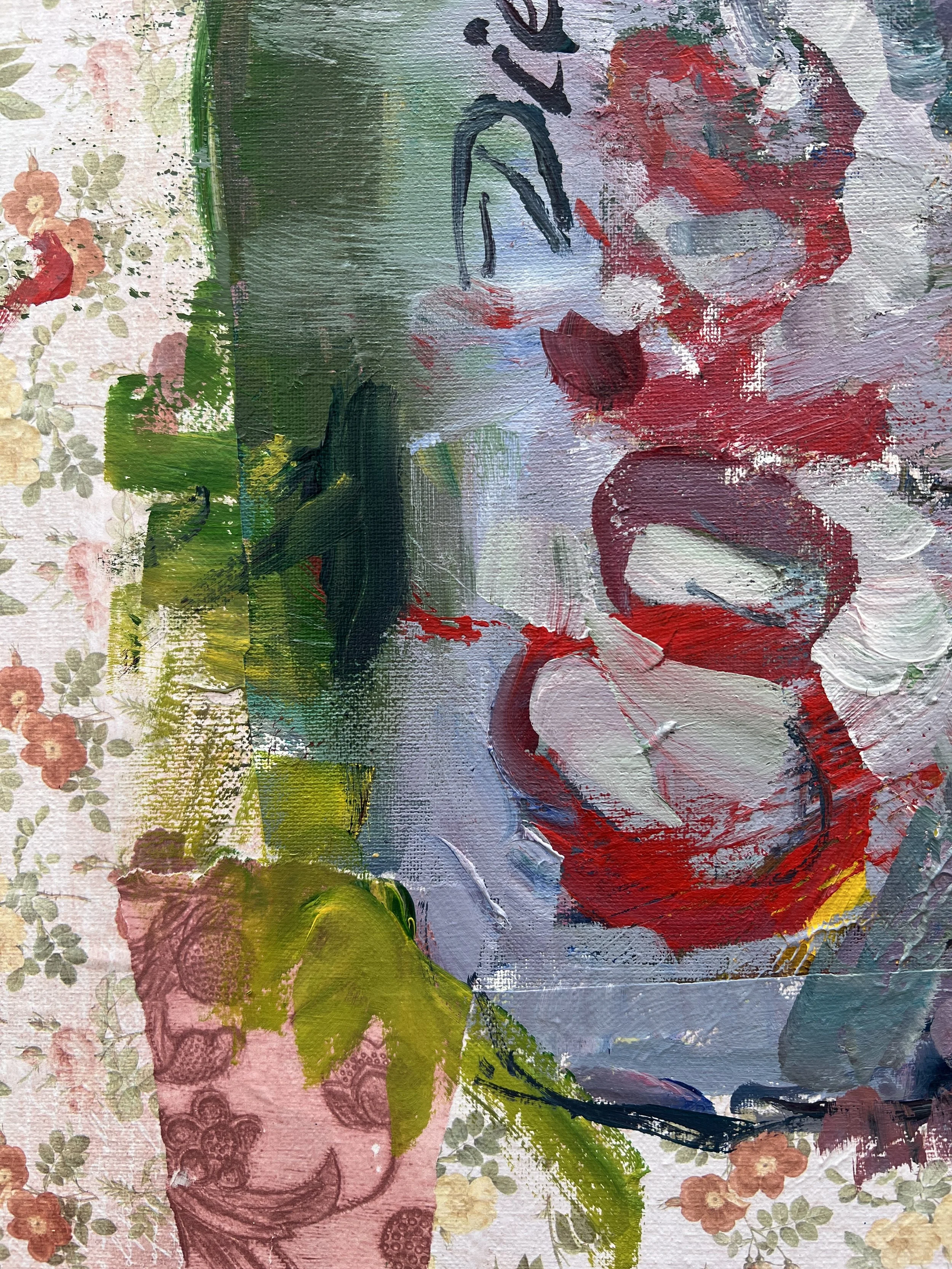 Alt Text: Bold expressive painting of Diet Coke silver can with red script and colorful collage borders, acrylics on 20x16 canvas - close up 4