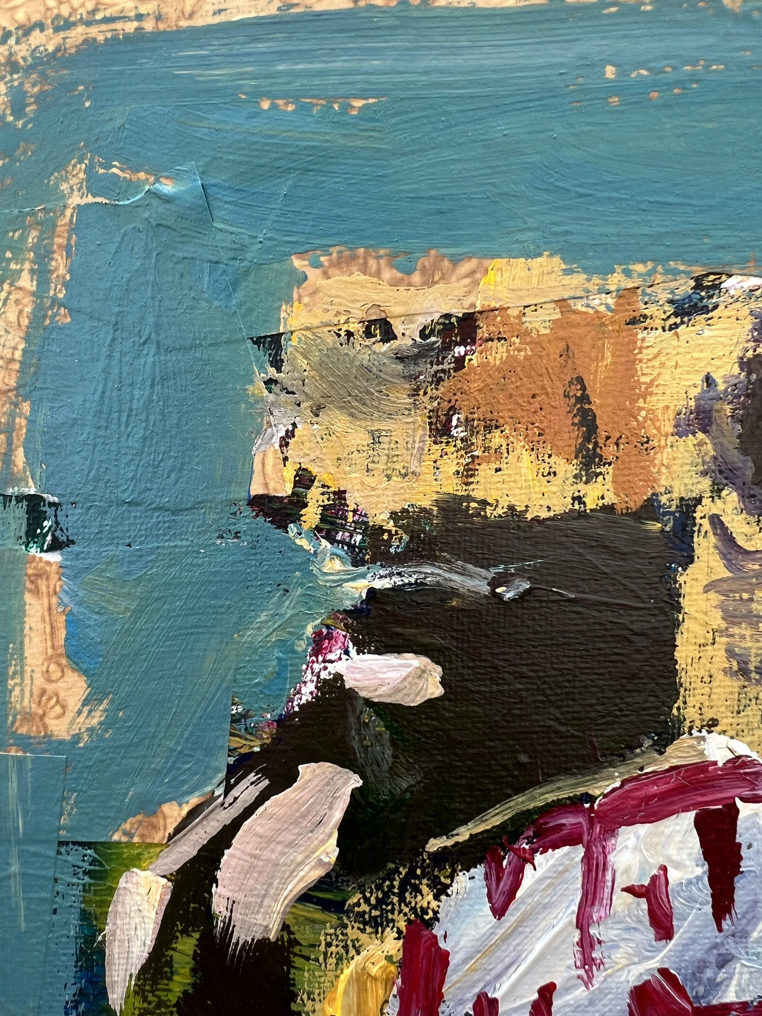 Bold expressive painting of Marmite yeast extract jar with yellow cap and collage elements, acrylics on 12x12 canvas - close up 1