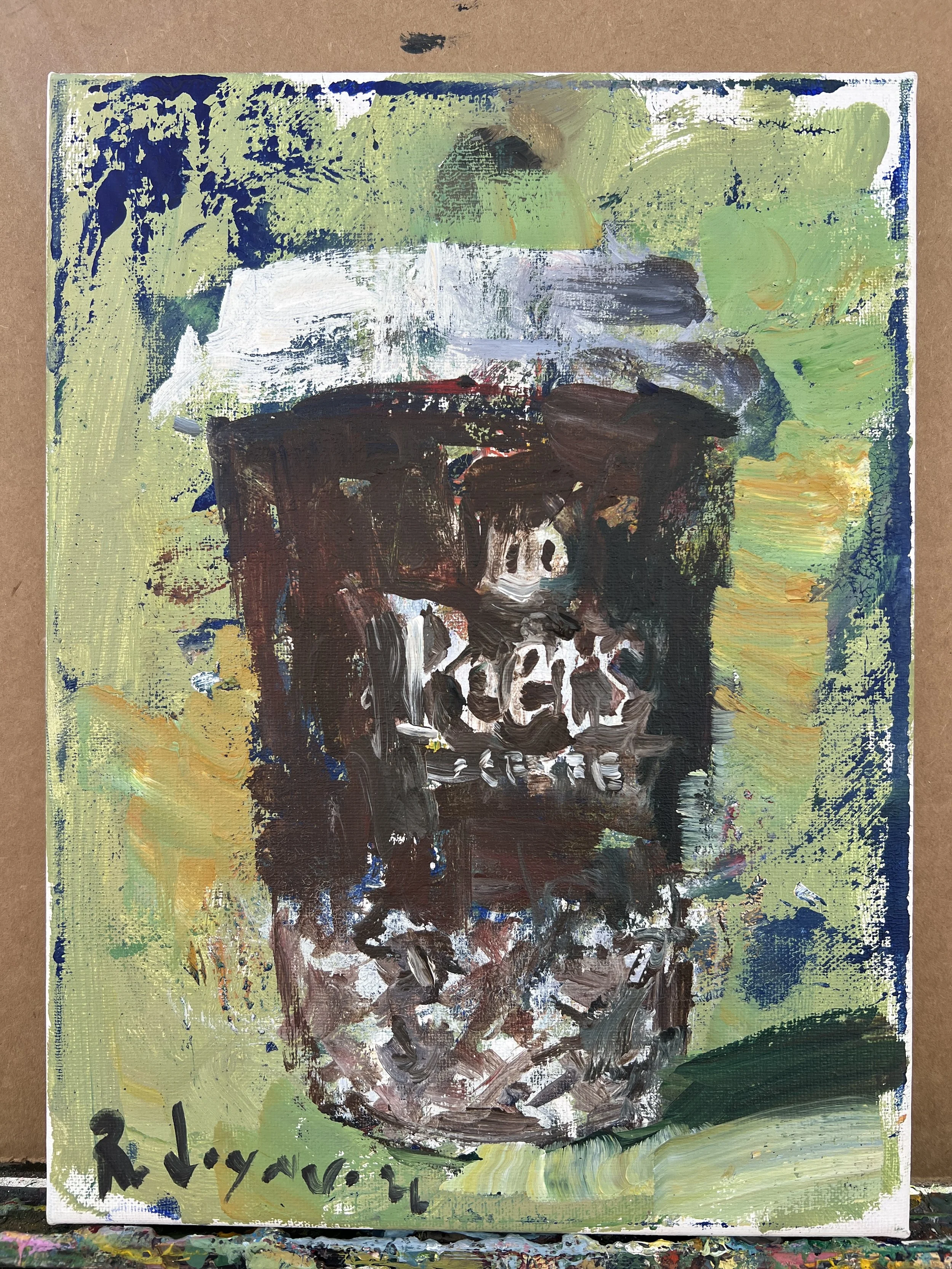 Bold expressive painting of Peet's Coffee brown cup with logo, acrylics on 12x9 canvas - shows all edges