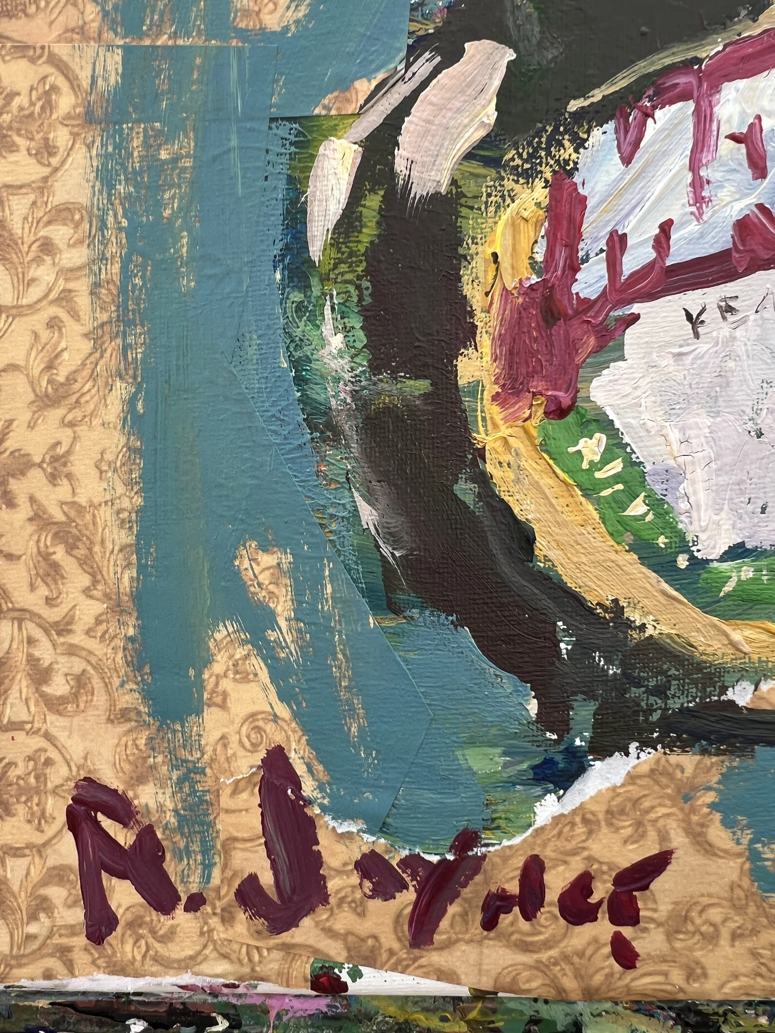 Bold expressive painting of Marmite yeast extract jar with yellow cap and collage elements, acrylics on 12x12 canvas - close up 5