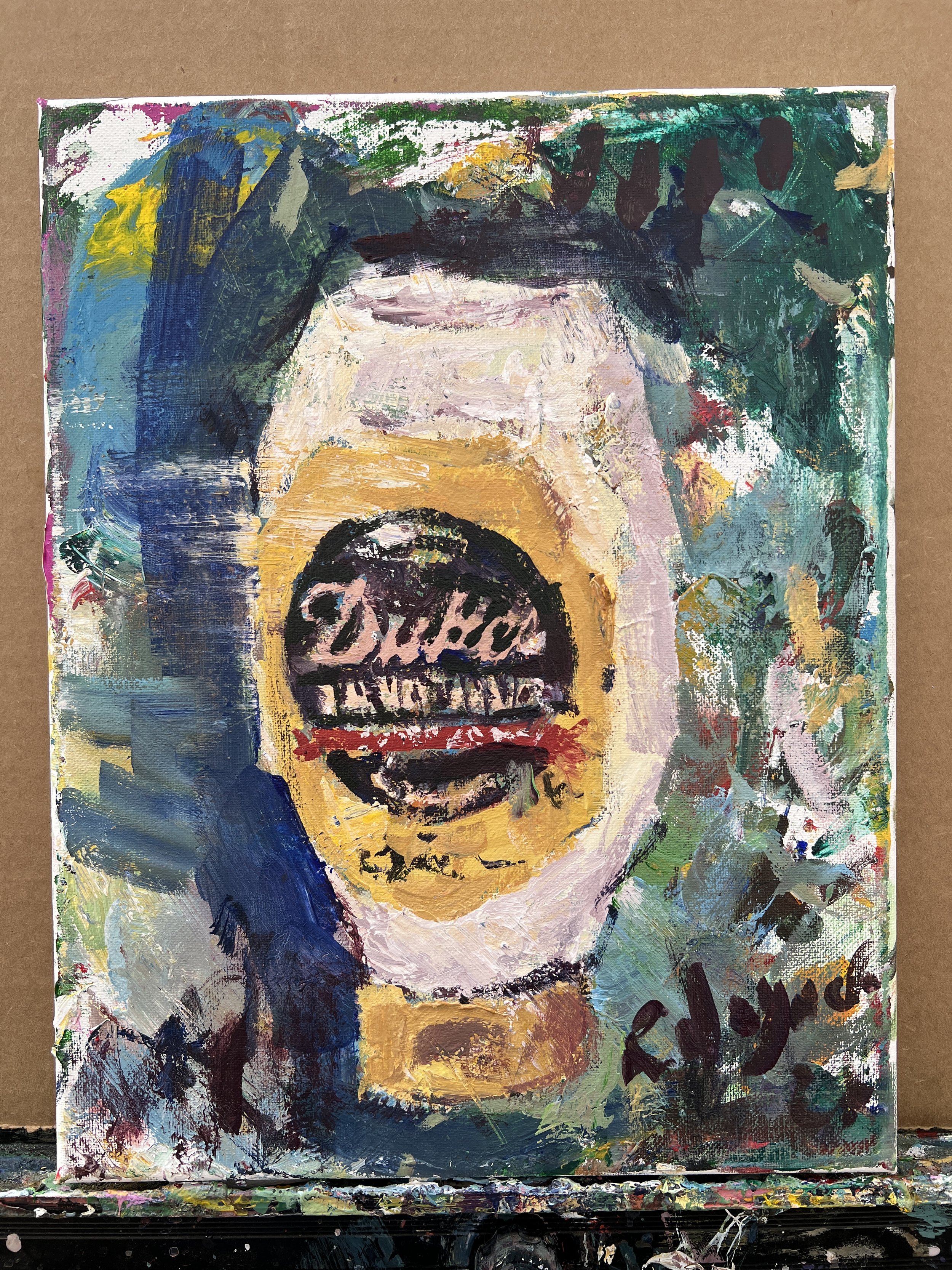 Expressive acrylic painting of a mayonnaise jar with abstract brushwork and textured background - shows all edges