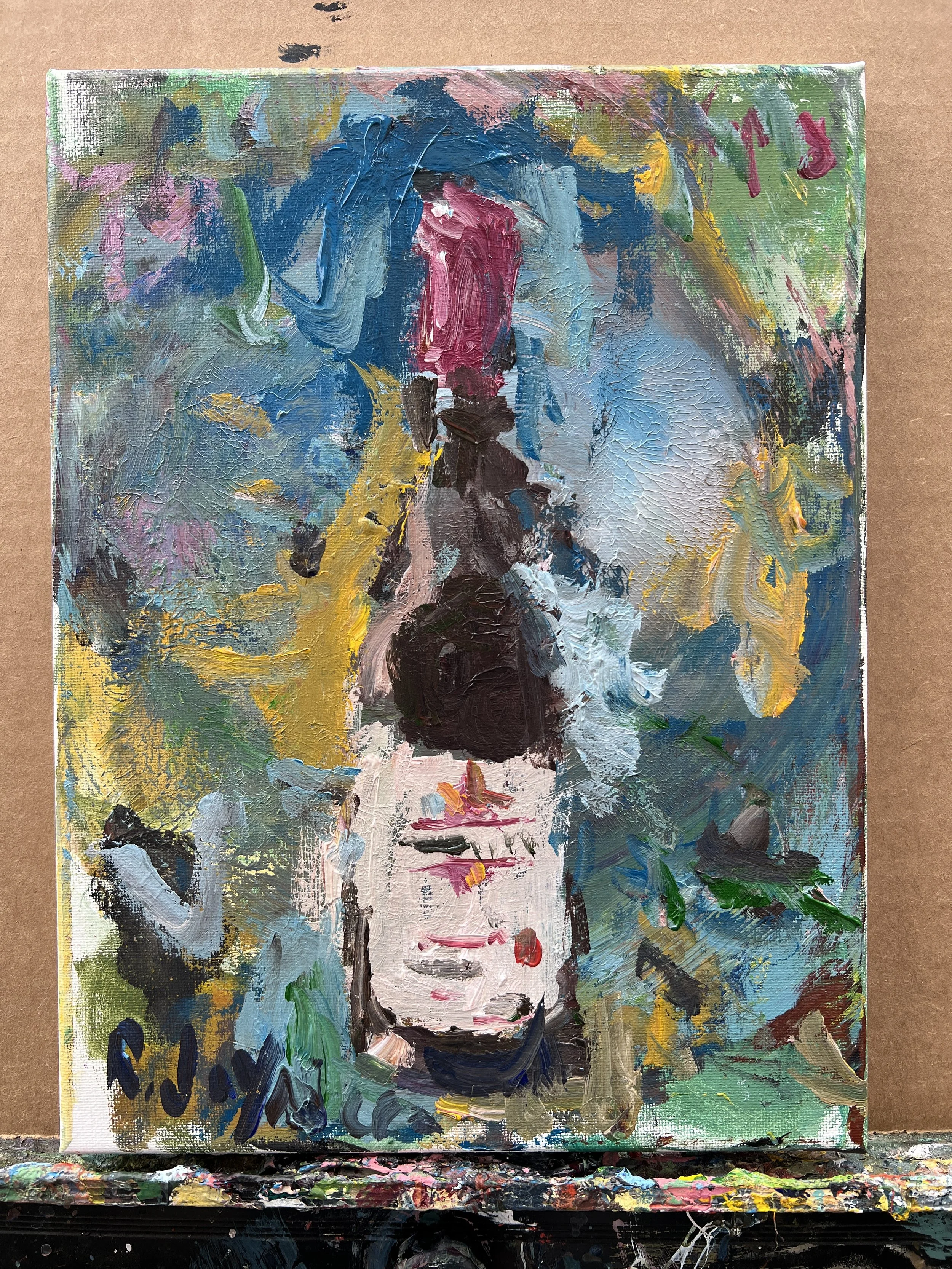 Bold expressive painting of Kendall Jackson Pinot Noir wine bottle with purple label, acrylics on 12x9 canvas - wine bar wall art shows all edges