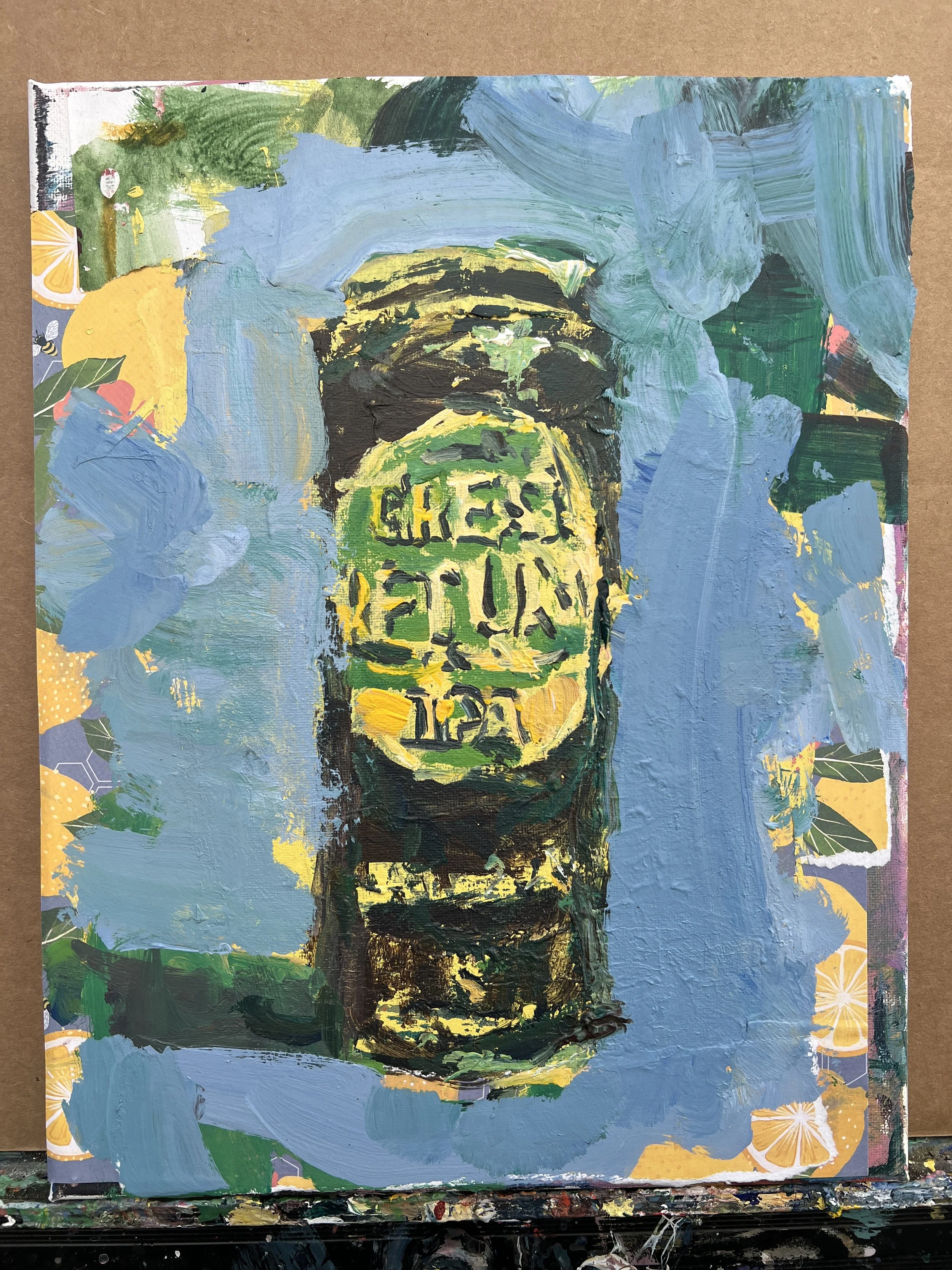 Bold expressive painting of Great Return IPA craft beer can in green and yellow with collage elements, acrylics on 14x11 canvas - kitchen wall art shows all edges