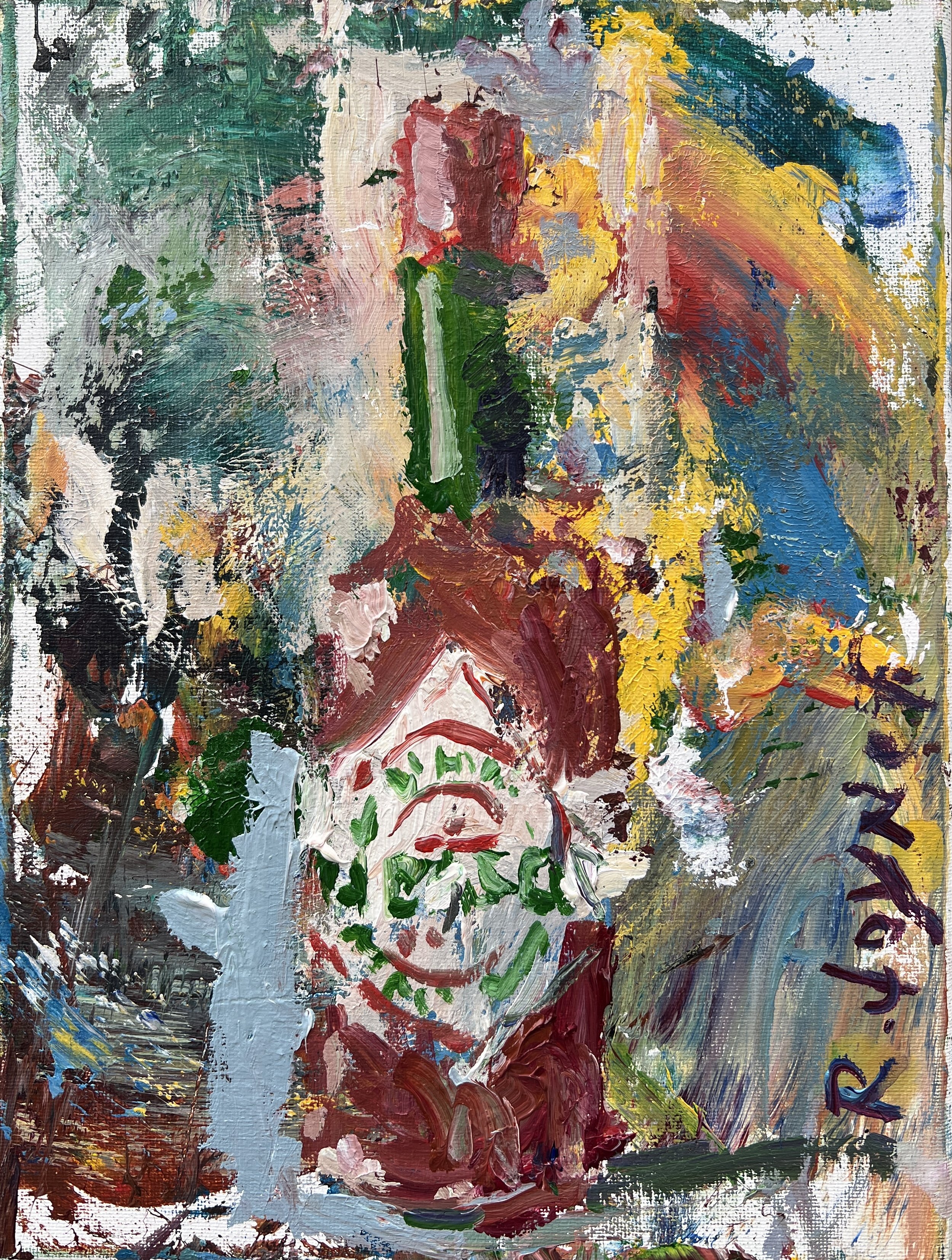 Bold expressive painting of Tabasco hot sauce bottle with red cap and diamond label, acrylics on 12x9 canvas - kitchen wall art