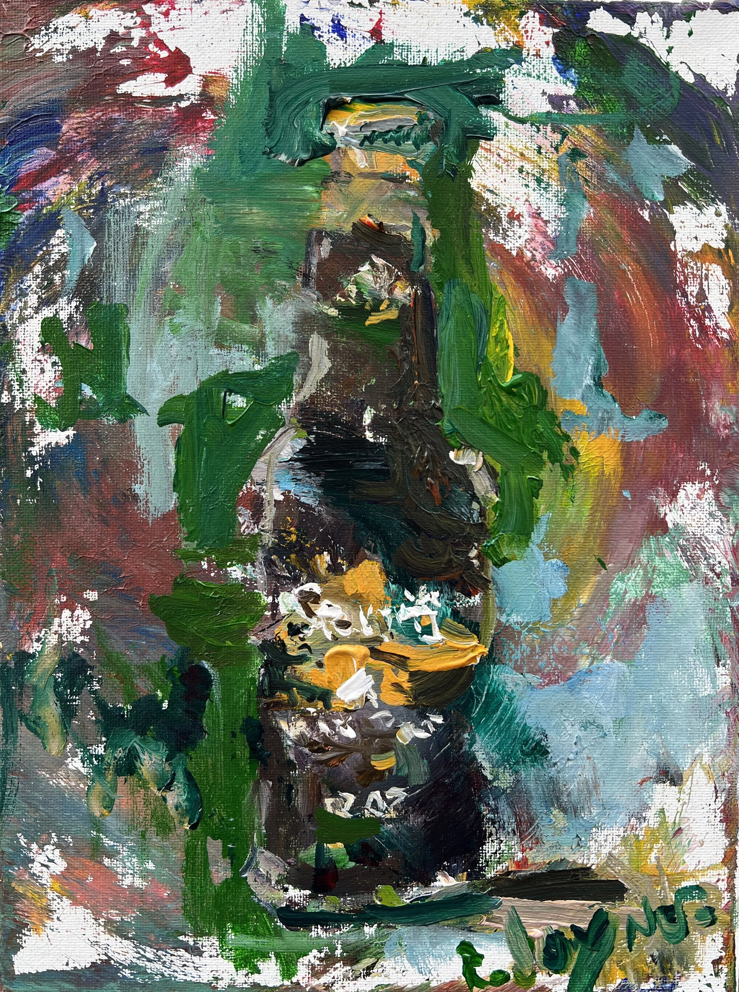 Bold expressive painting of Stewart's Root Beer brown bottle with orange and cream label, acrylics on 12x9 canvas - retro bar wall art