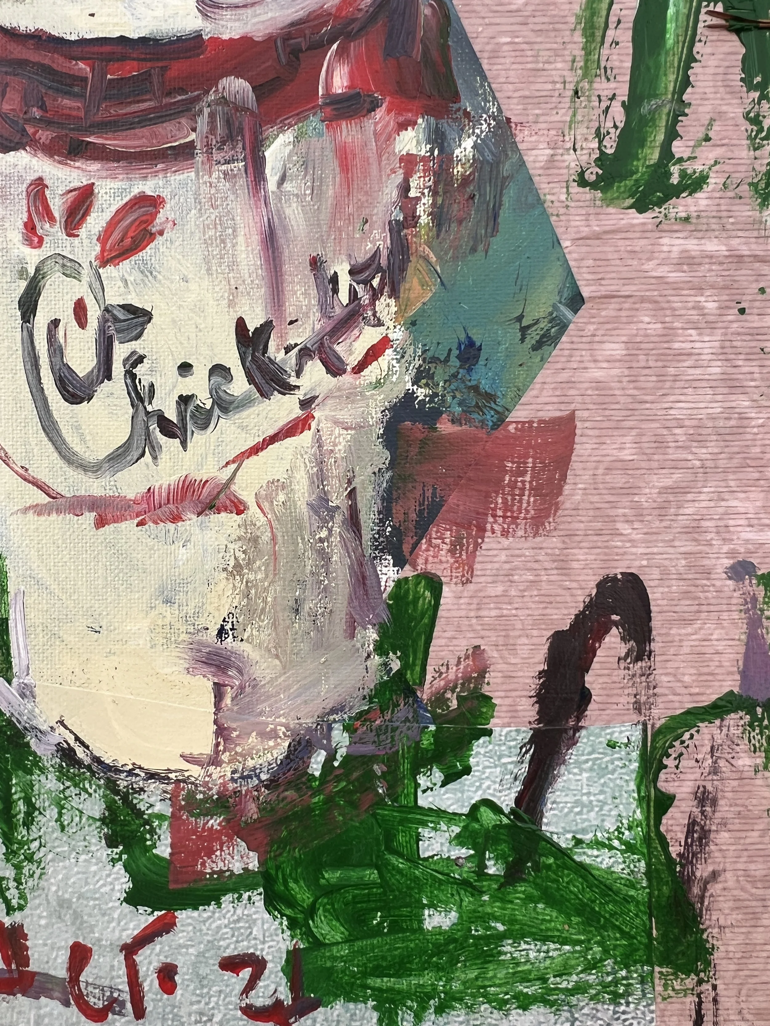 Bold expressive painting of Chick-fil-A cup with red logo and collage elements, acrylics on 14x11 canvas - close up 5