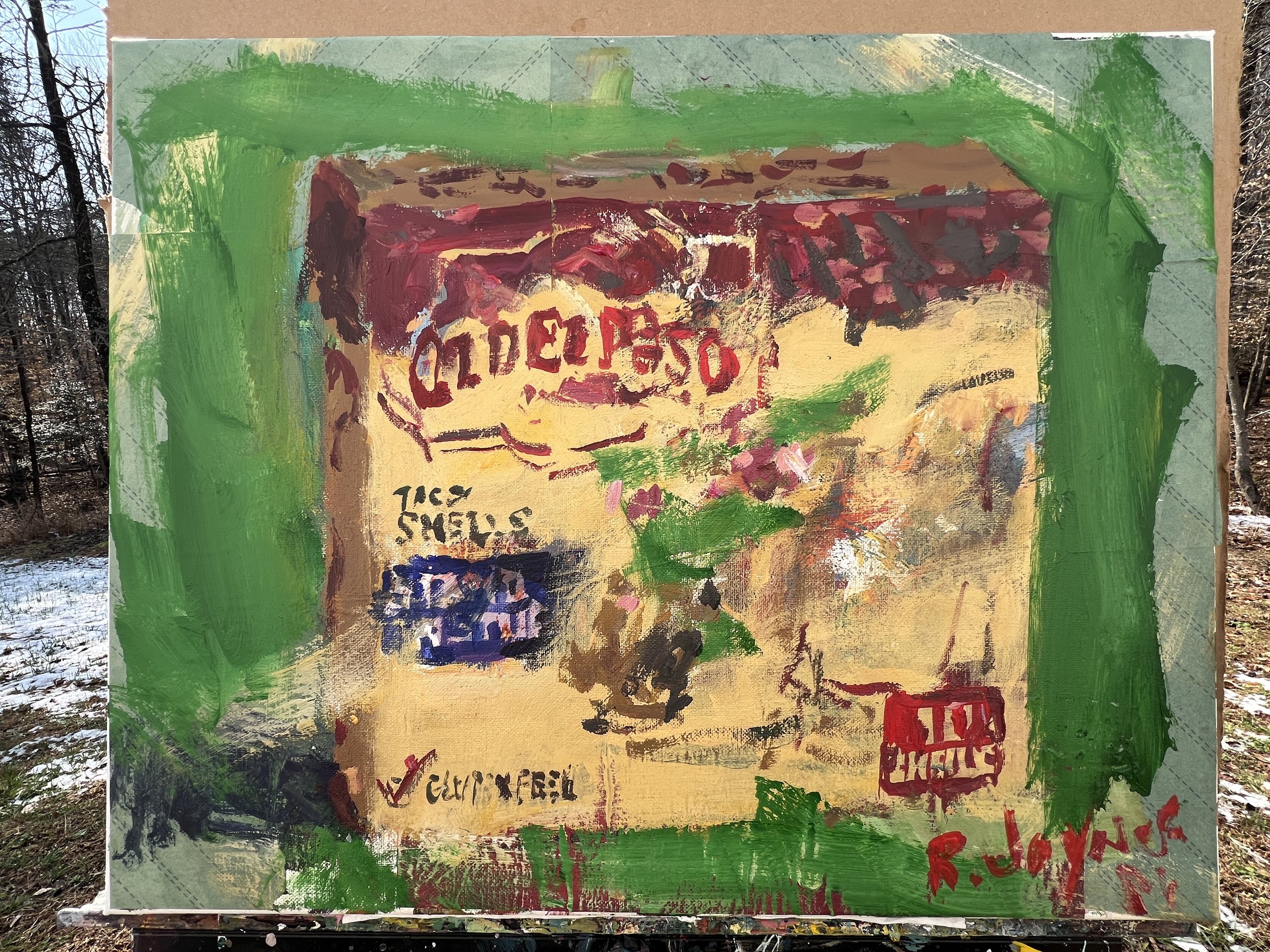 Bold expressive painting of Old El Paso Stand 'n Stuff taco shells box in vibrant colors, acrylics on 20x16 canvas - shows all edges