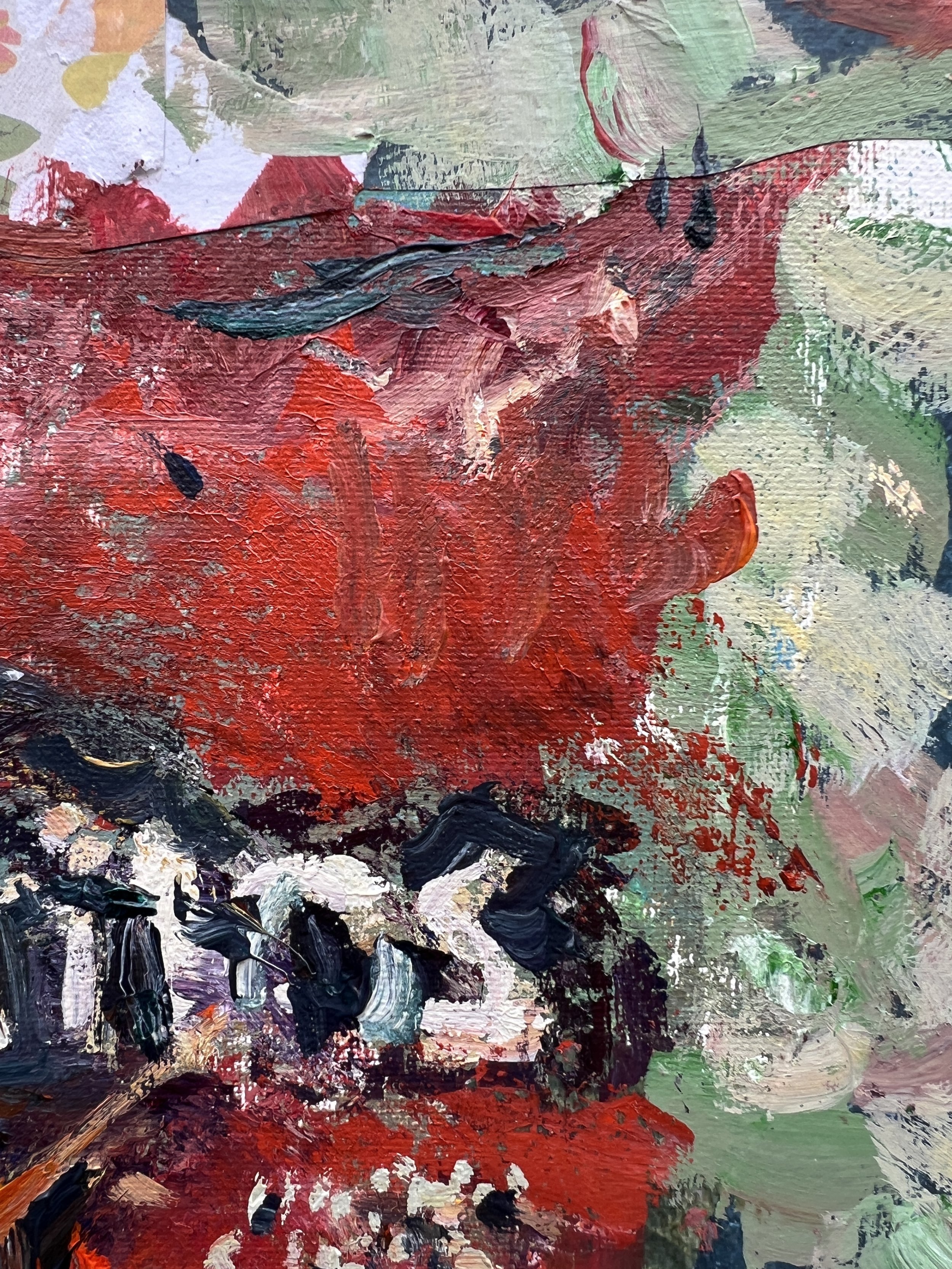 Brushwork detail of Bold expressive painting of Doritos red chip bag