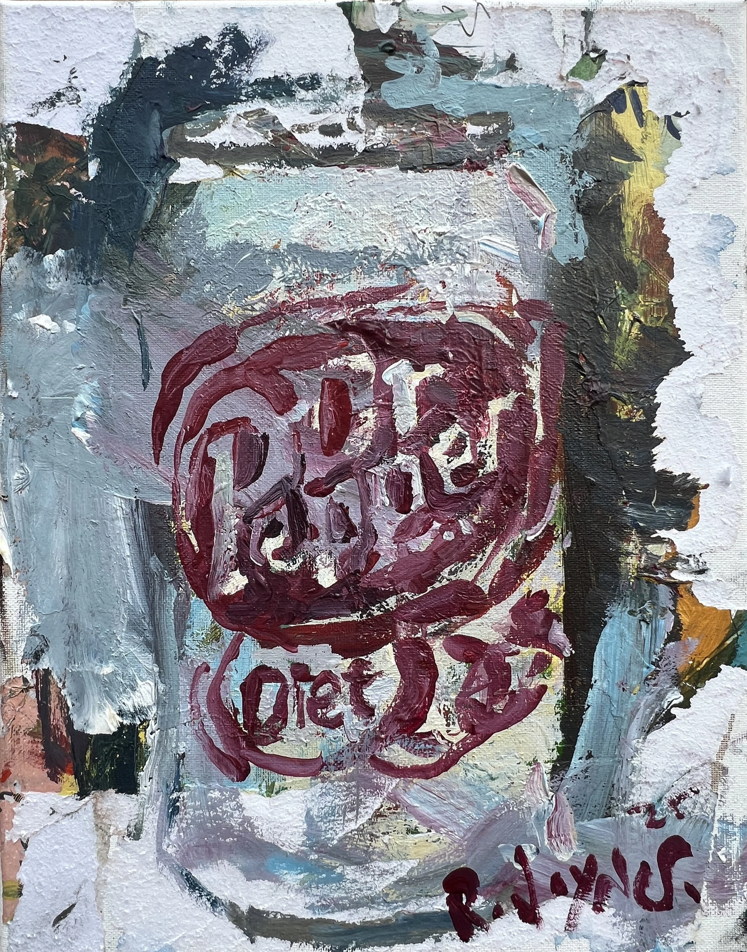 Bold expressive painting of Diet Dr Pepper silver can with burgundy logo, collage and acrylics on 14x11 canvas - kitchen wall art