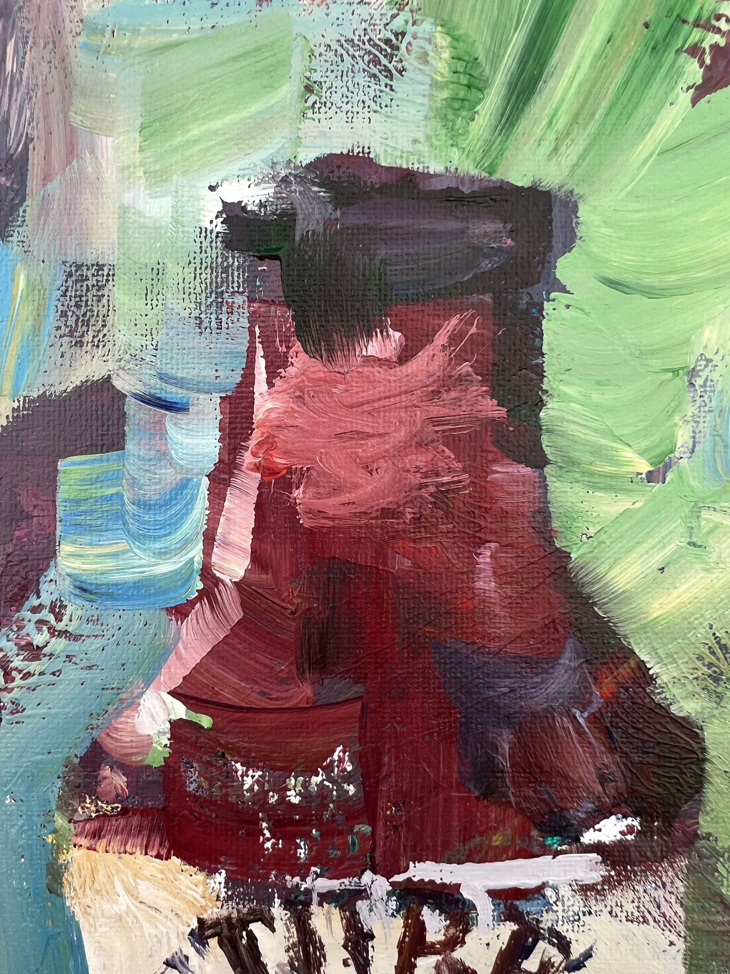 Bold expressive painting of Stubb's BBQ sauce jar with bold label, acrylics on 11x14 canvas - BBQ kitchen wall art - close up 1