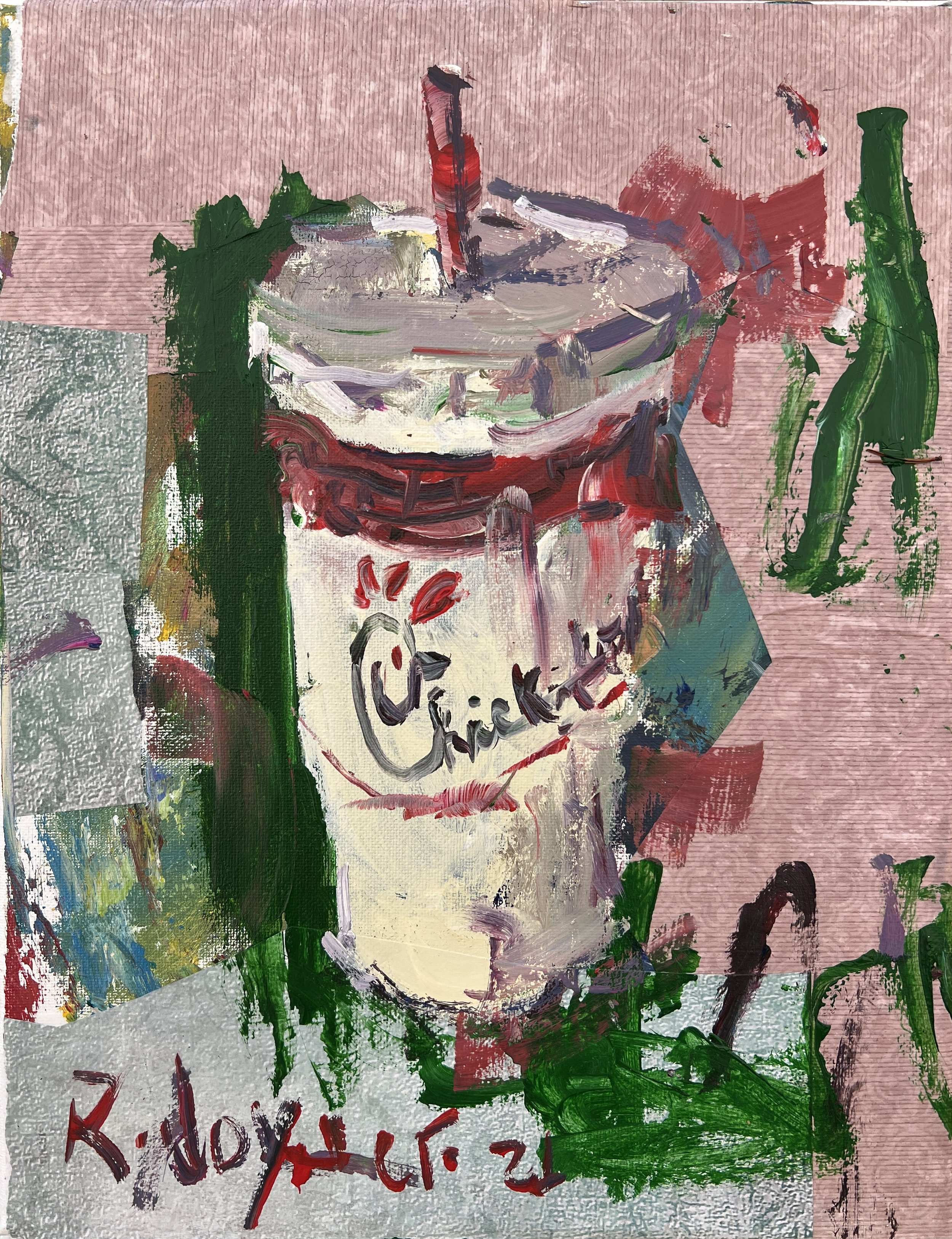 Bold expressive painting of Chick-fil-A cup with red logo and collage elements, acrylics on 14x11 canvas - fast food wall art