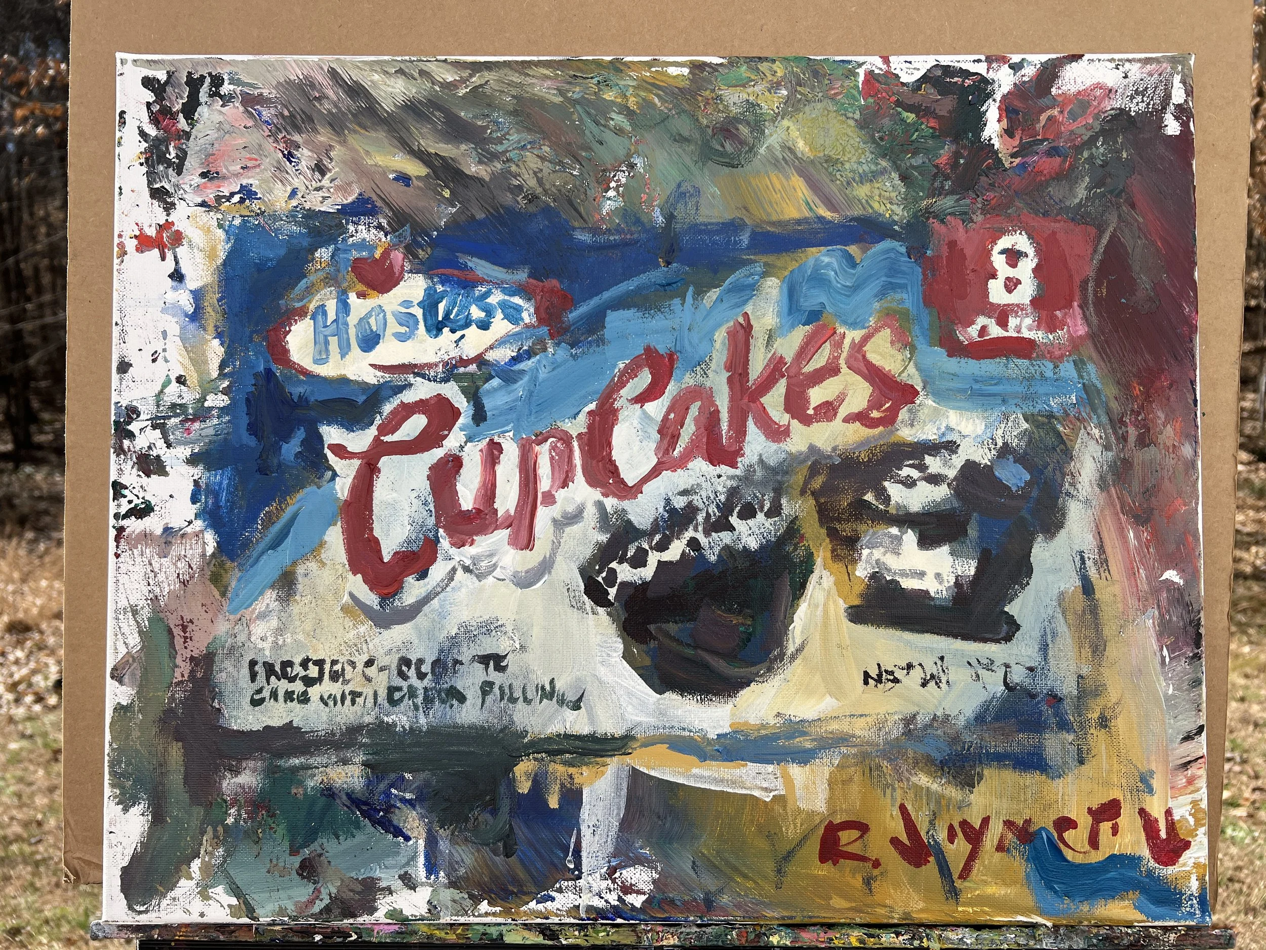 Bold expressive painting of Hostess Cupcakes orange box with chocolate cupcakes and white squiggle, acrylics on 16x20 canvas - shows all edges