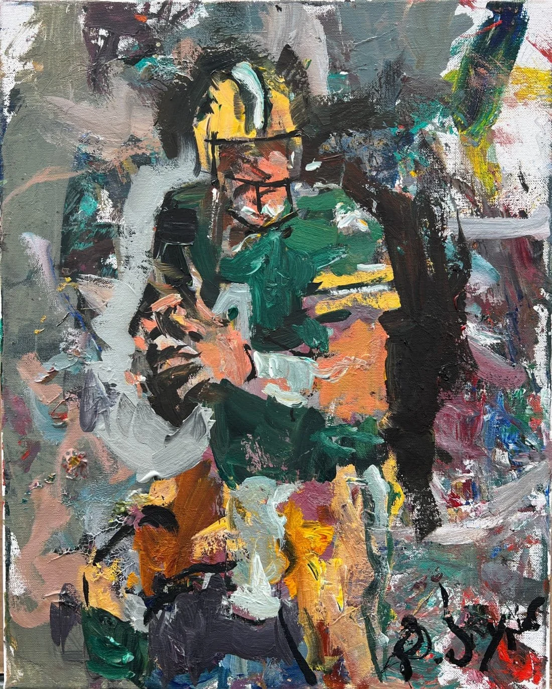 Brett Favre Green Bay Packers original painting showing quarterback in action, expressive acrylic sports art by Robert Joyner