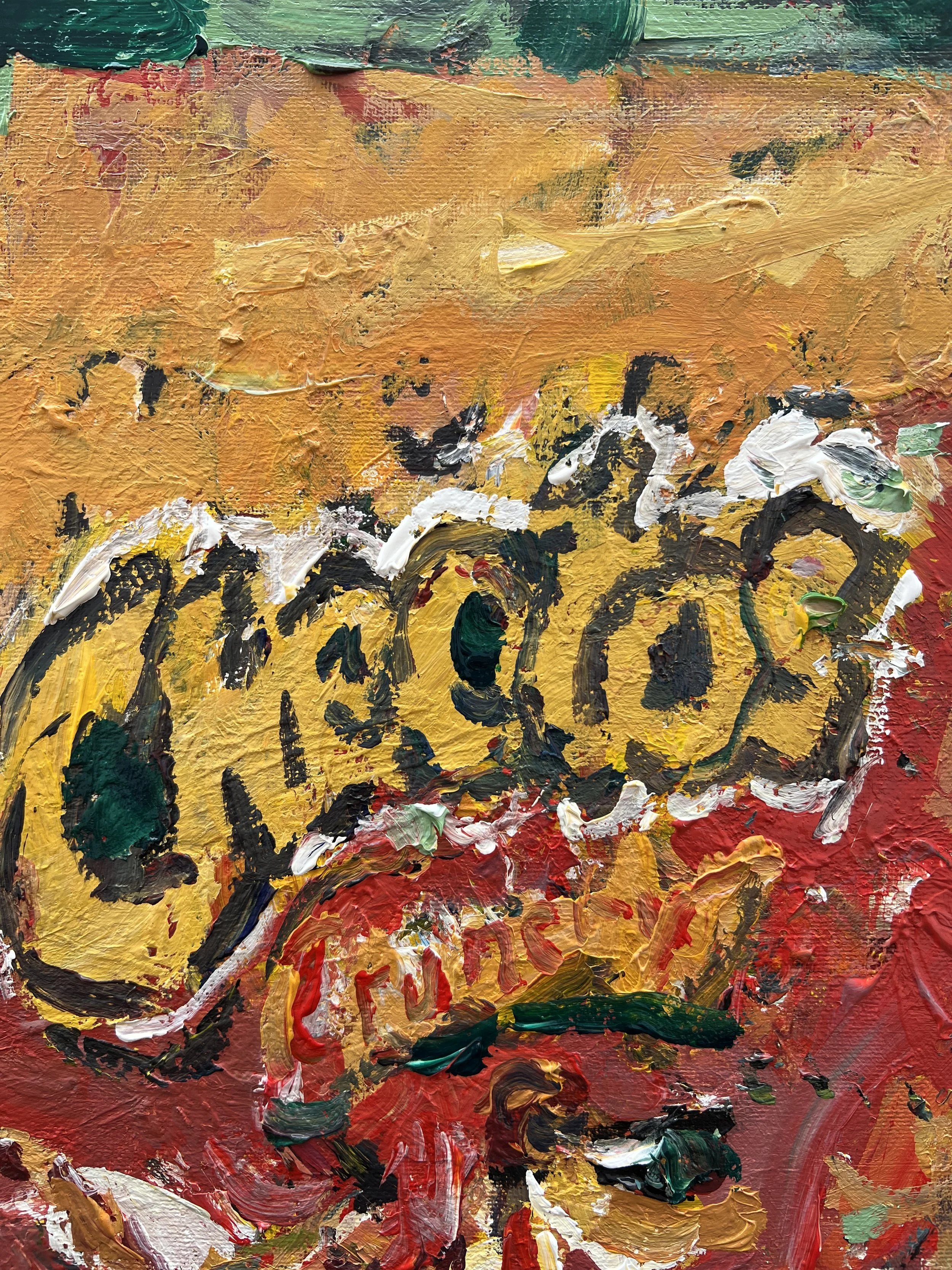 Bold expressive painting of Crunchy Cheetos orange bag with cheetah logo, acrylics on 20x16 canvas - close up 2