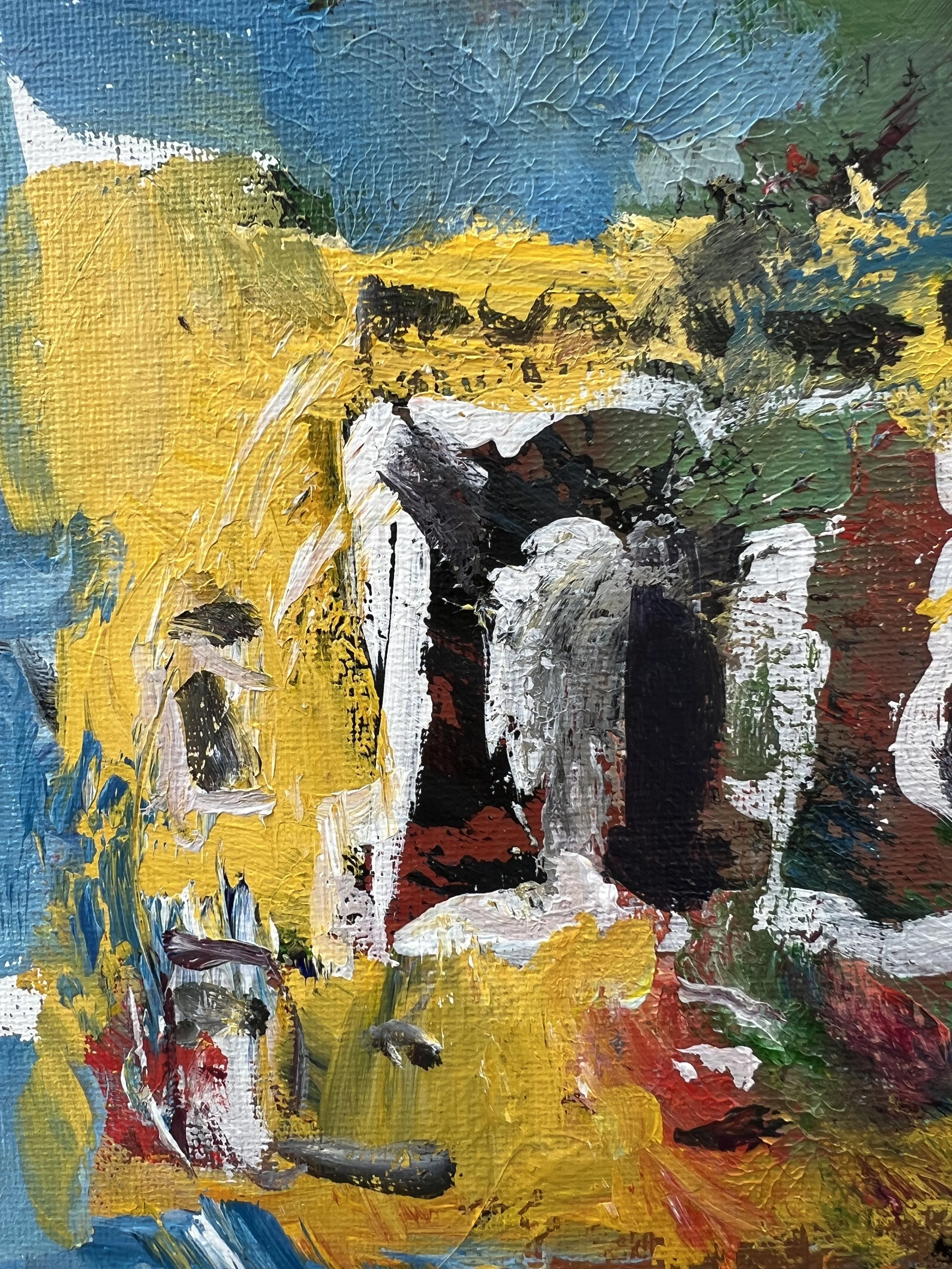 Bold expressive painting of peanut M&M's yellow candy bag with colorful M&Ms, acrylics on 12x9 canvas - close up 1