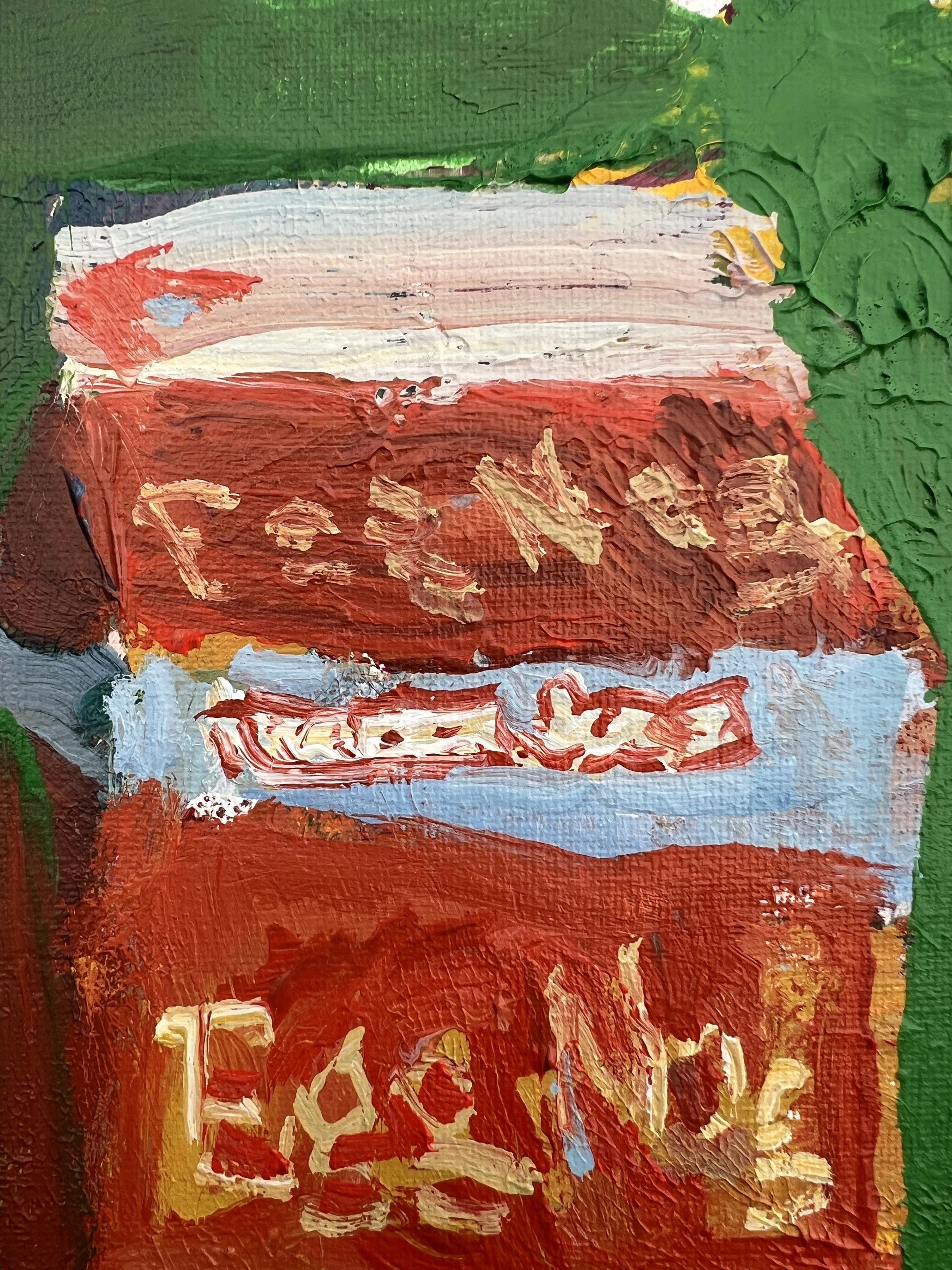 Detail view of Loose expressive acrylic painting of a Trader Joe’s egg nog carton