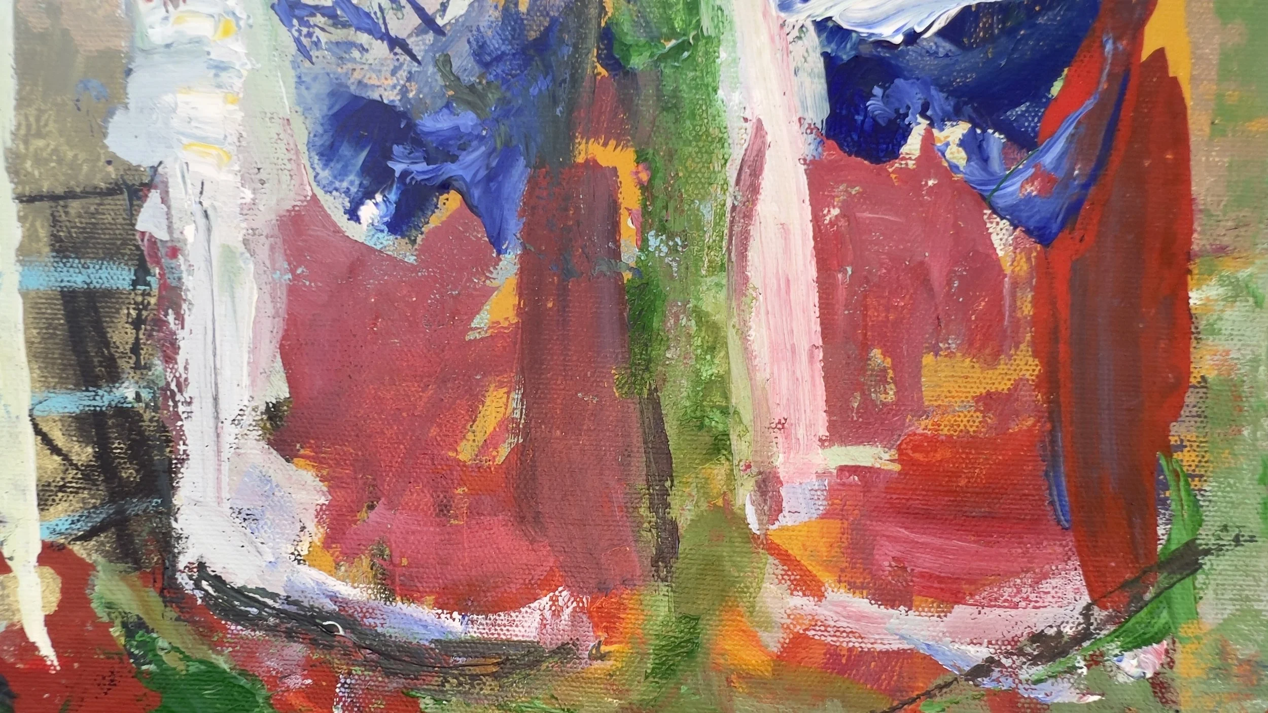 Abstract mixed media painting of three Pepsi cans in red and blue by Robert Joyner close up 2