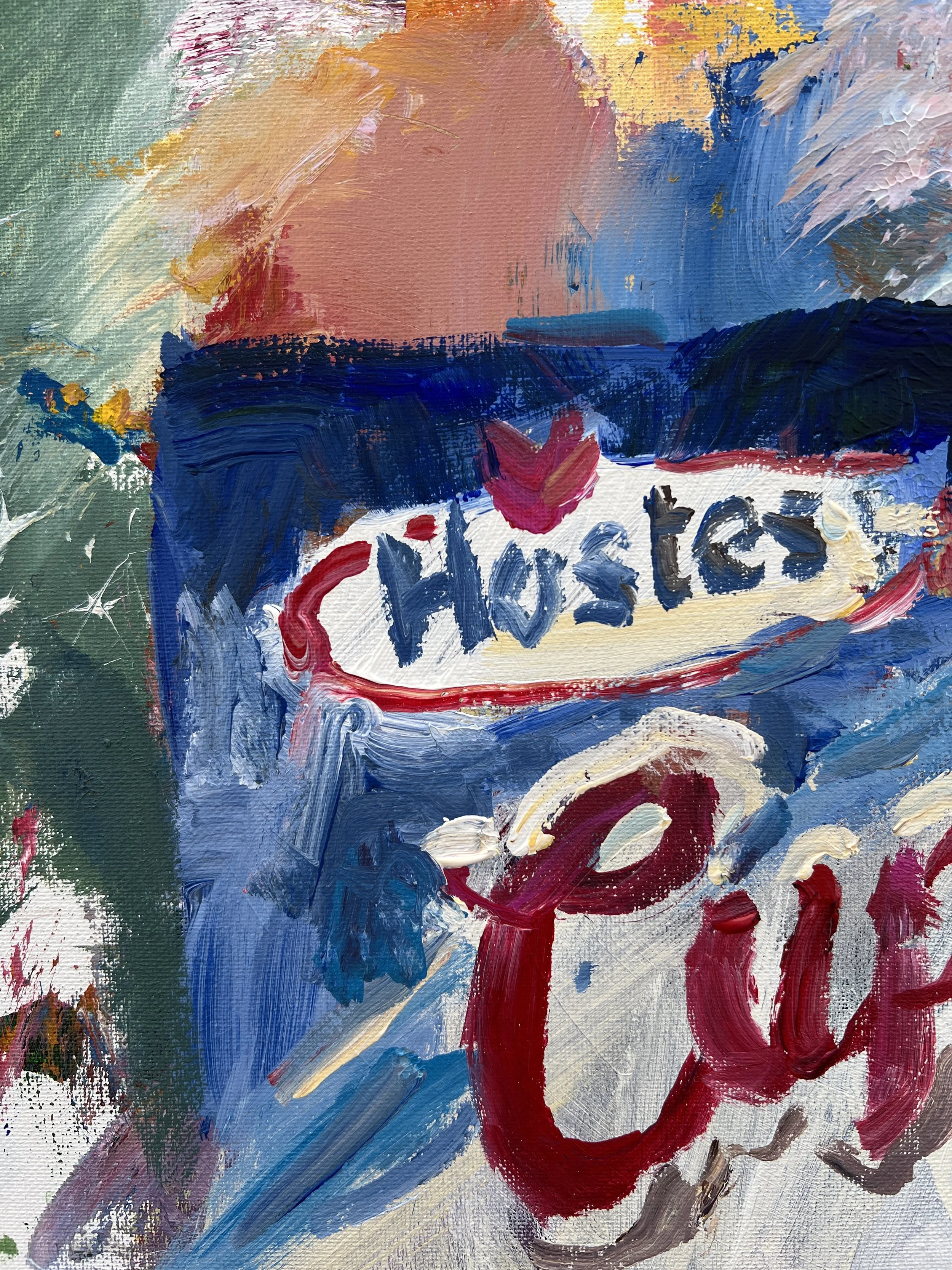 Bold expressive painting of Hostess Cupcakes orange box with chocolate cupcakes and white squiggle, acrylics on 20x16 canvas - close up 1