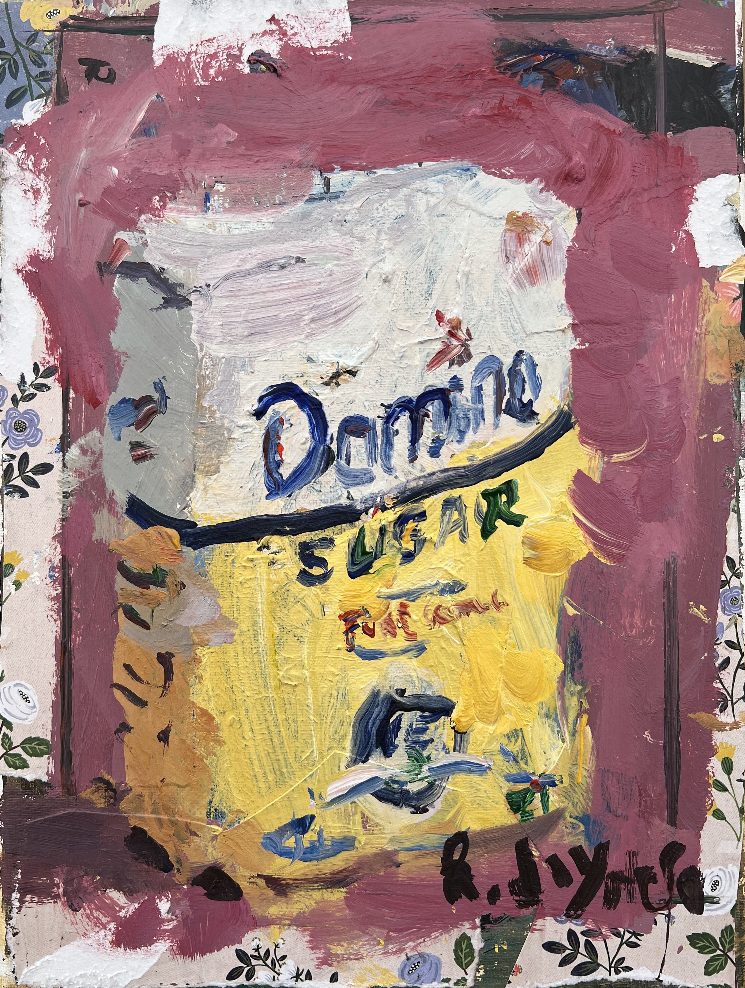 Textured expressive painting of Domino sugar yellow bag with blue script lettering