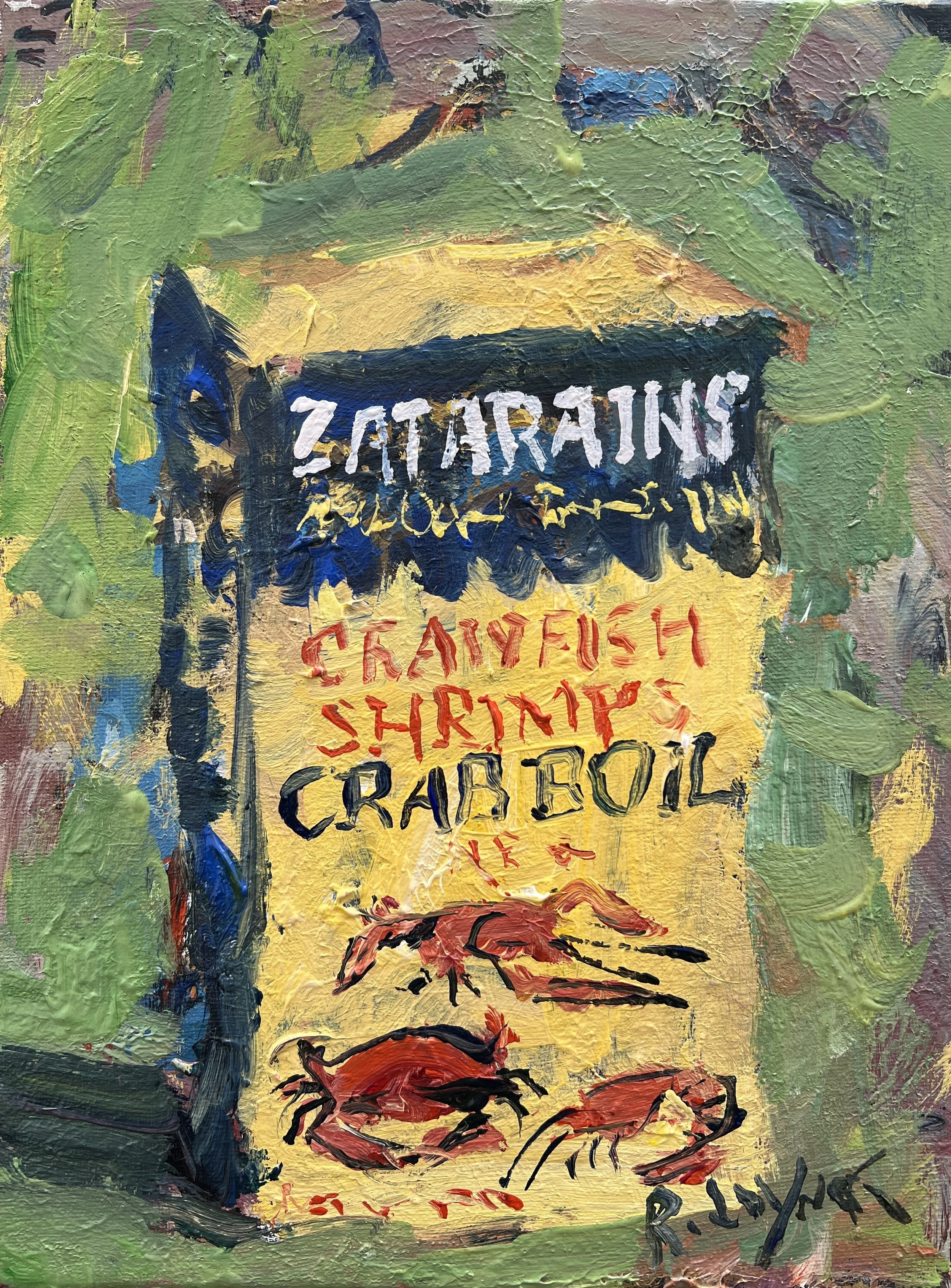Loose expressive original painting of Zatarain's crawfish boil seasoning box in yellow and red on canvas - kitchen wall art