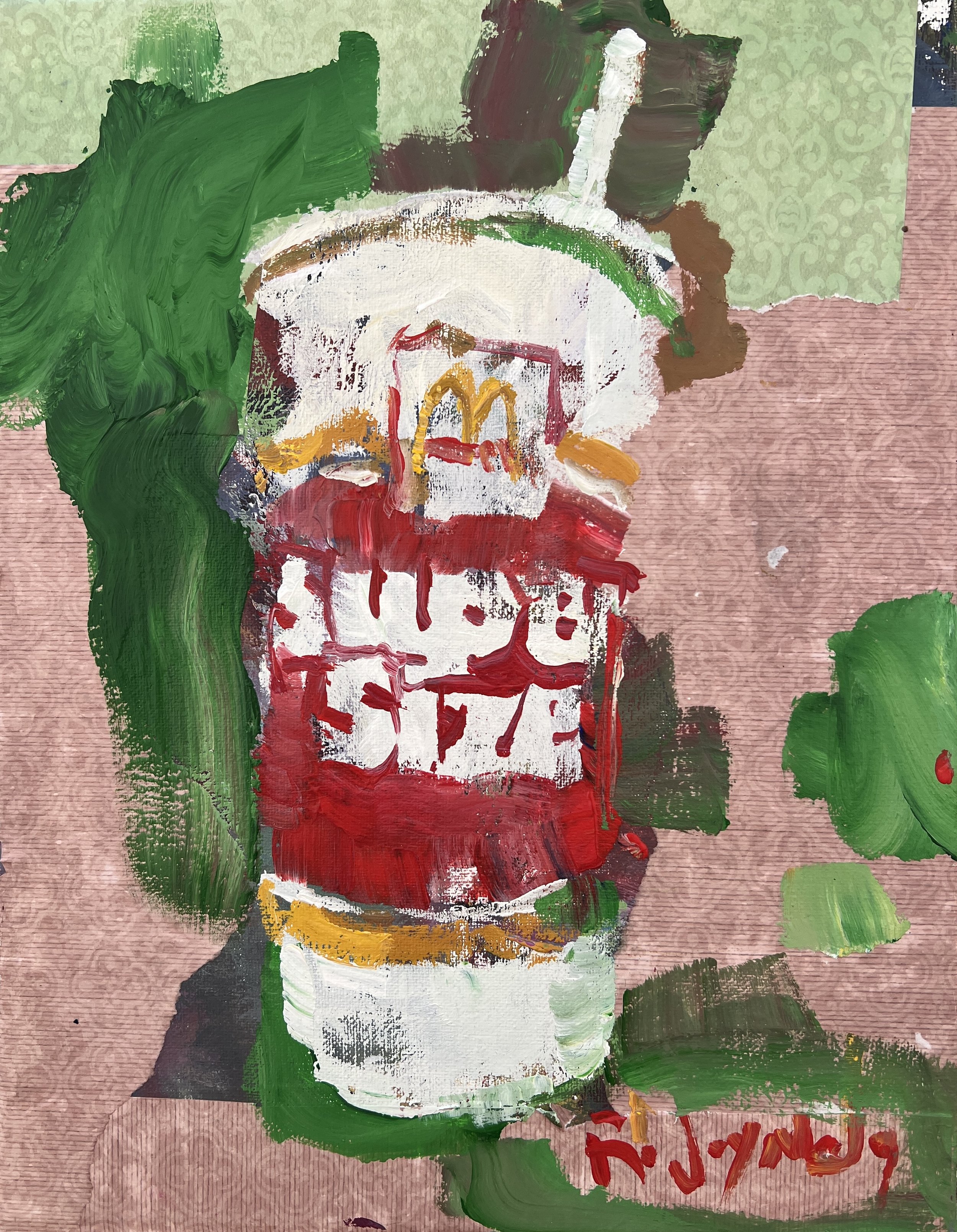 Bold expressive painting of Super Size McDonald's cup with golden arches and collage elements, acrylics on 14x11 canvas - retro fast food wall art