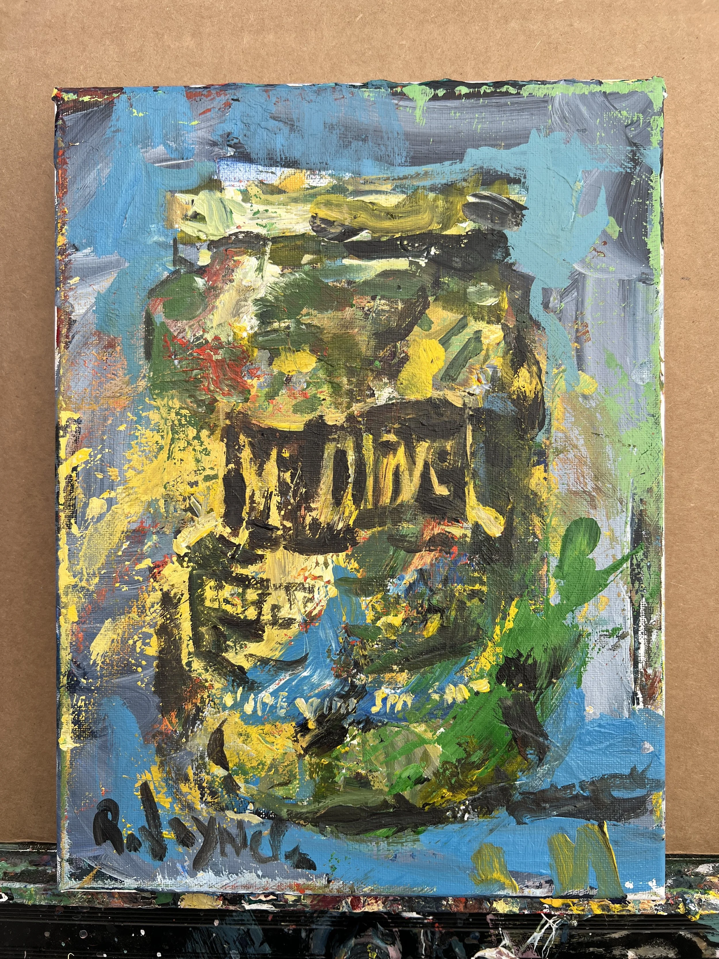Bold expressive Mt. Olive Pickles jar original painting on canvas. Vibrant acrylics featuring the iconic green jar with yellow label shows all edges