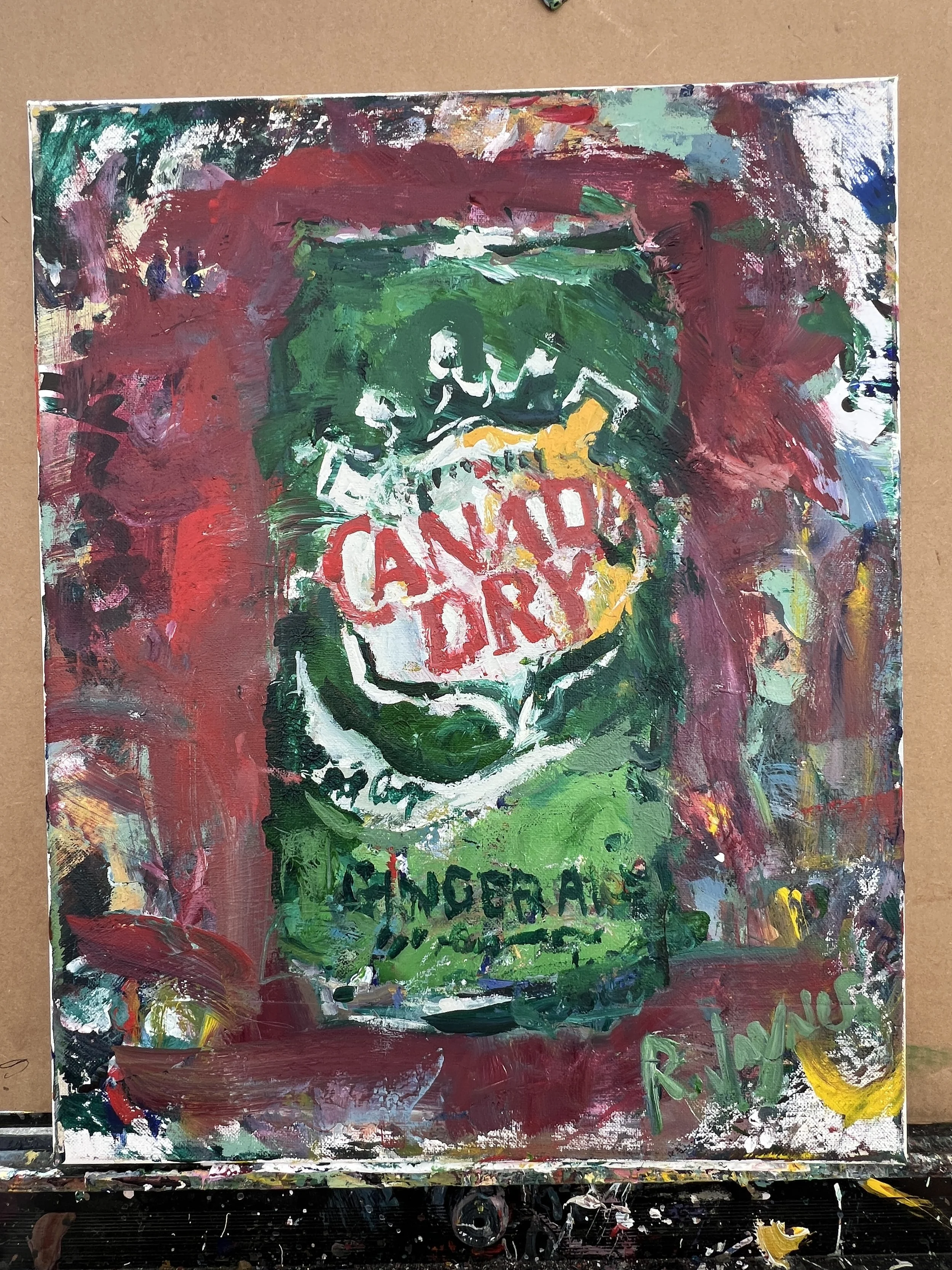 Bold expressive painting of Canada Dry ginger ale green and red can with shield logo in vibrant colors, acrylics on 20x16 canvas - shows all edges
