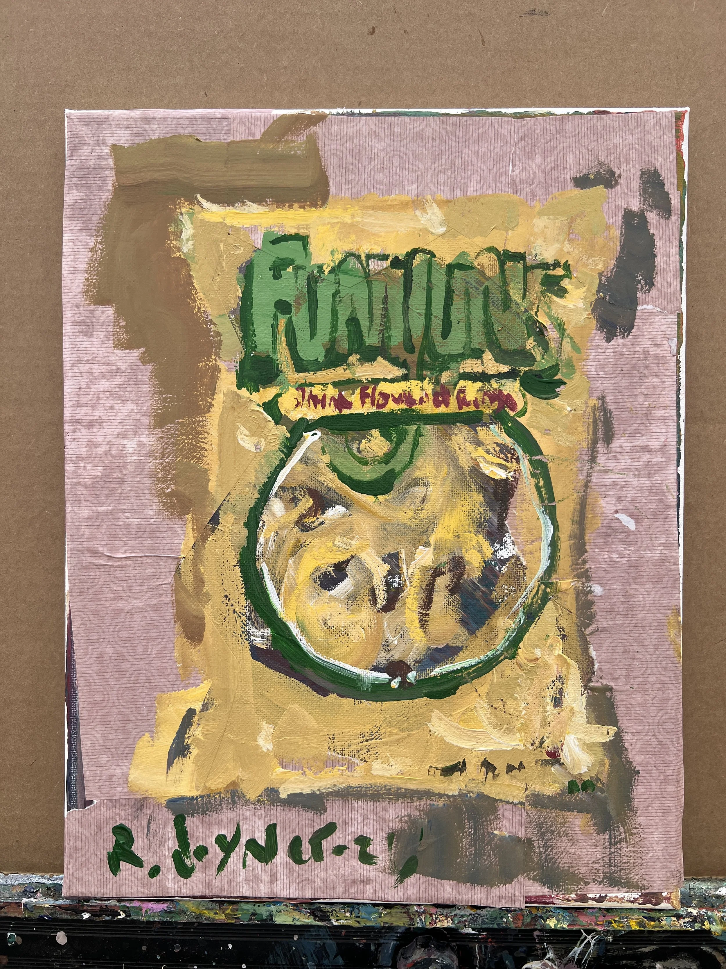 Bold expressive painting of Funyuns onion rings yellow bag with red logo and collage elements, acrylics on 11x14 canvas - shows all edges