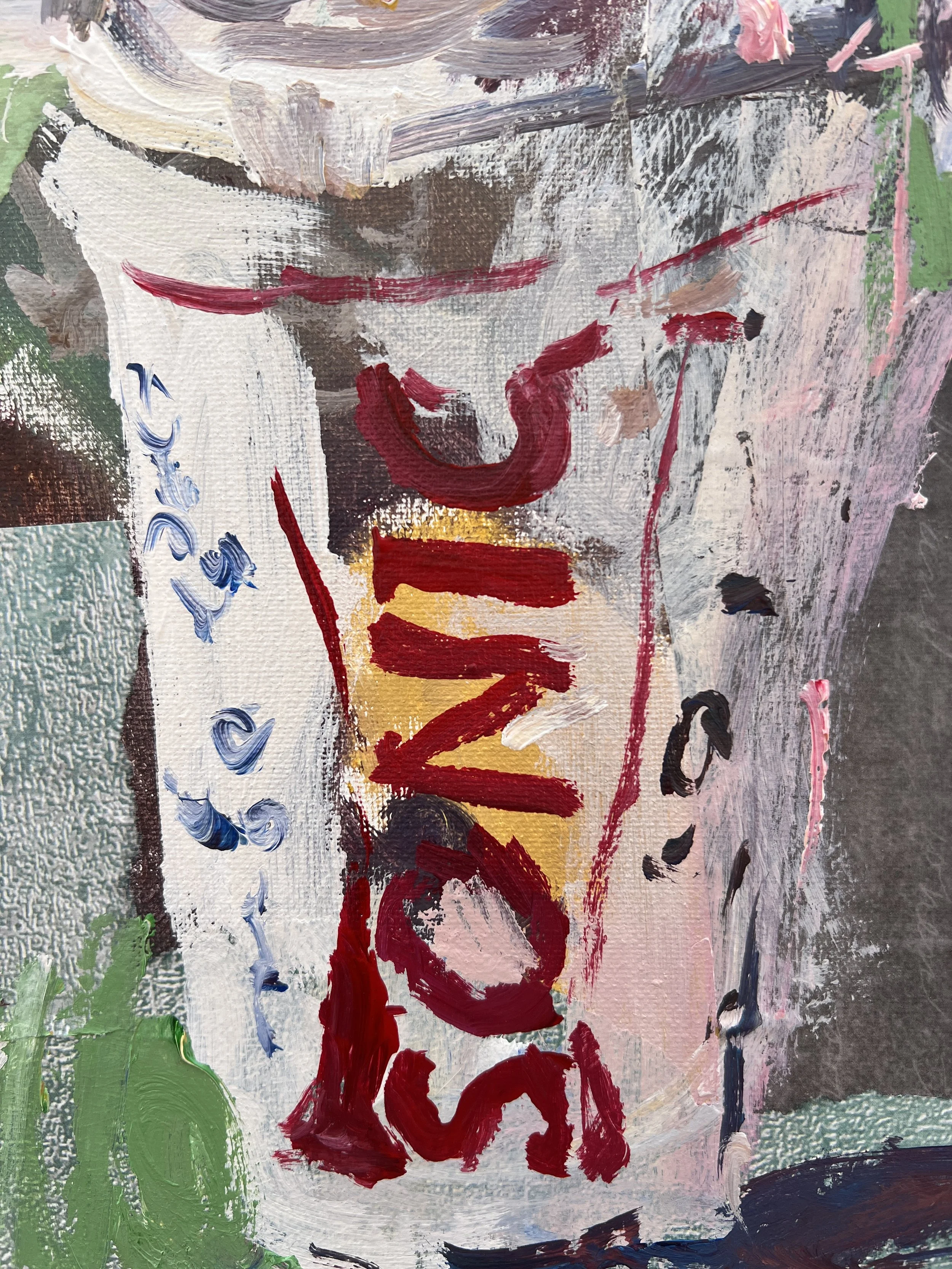 Bold expressive painting of Sonic Drive-In drink cup with colorful logo and collage elements, acrylics on 11x14 canvas - close up 5