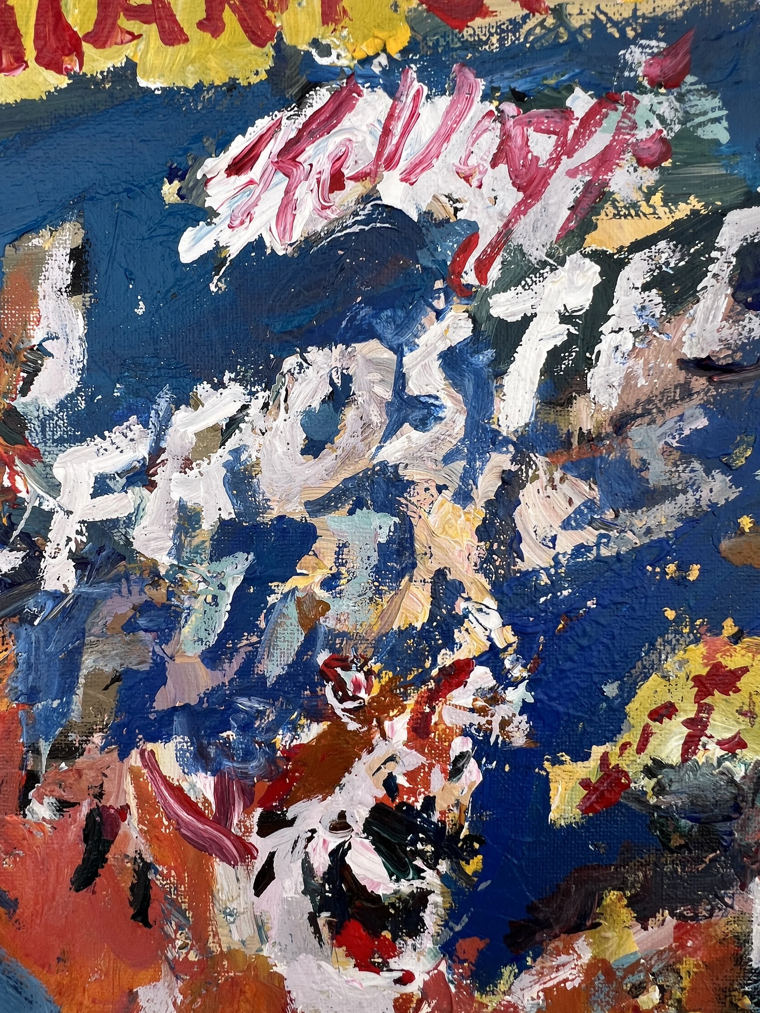 Bold expressive painting of Frosted Flakes blue cereal box with Tony the Tiger and collage elements, acrylics on 20x16 canvas - close up 3