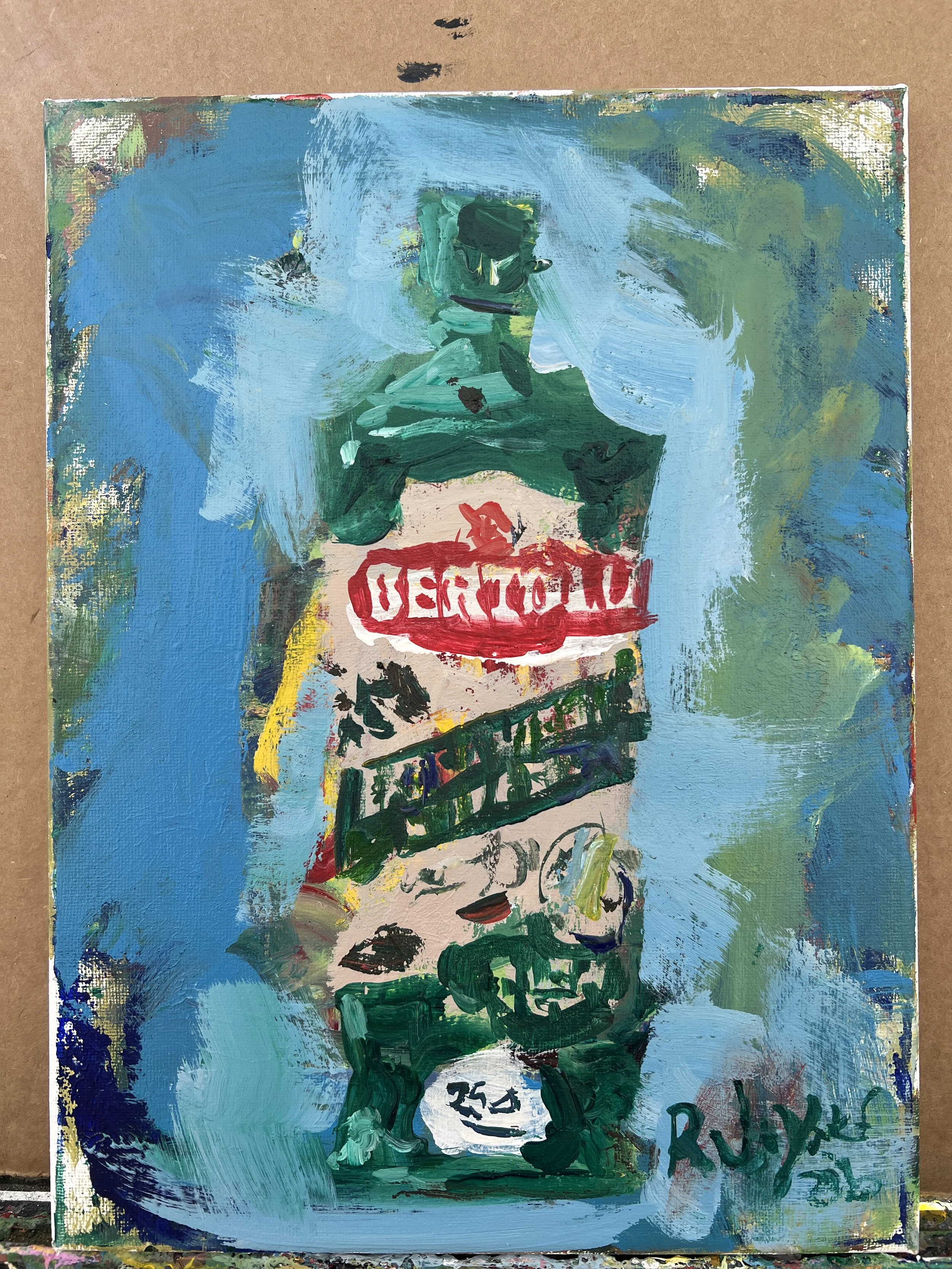 Loose expressive painting of Bertolli olive oil bottle with green tones and bold brushwork, acrylic on 12x9 canvas - shows all edges