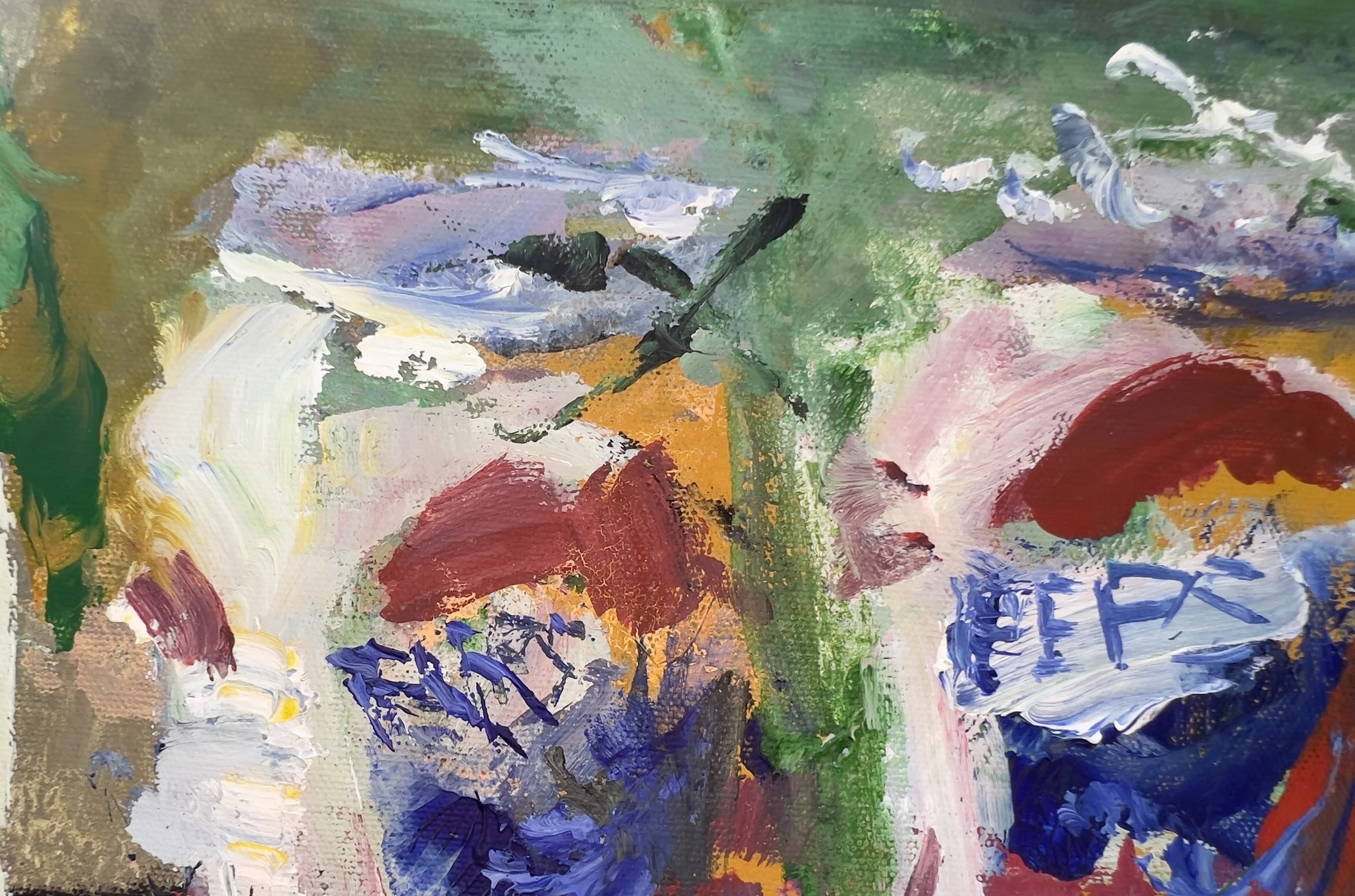 Abstract mixed media painting of three Pepsi cans in red and blue by Robert Joyner close up 1