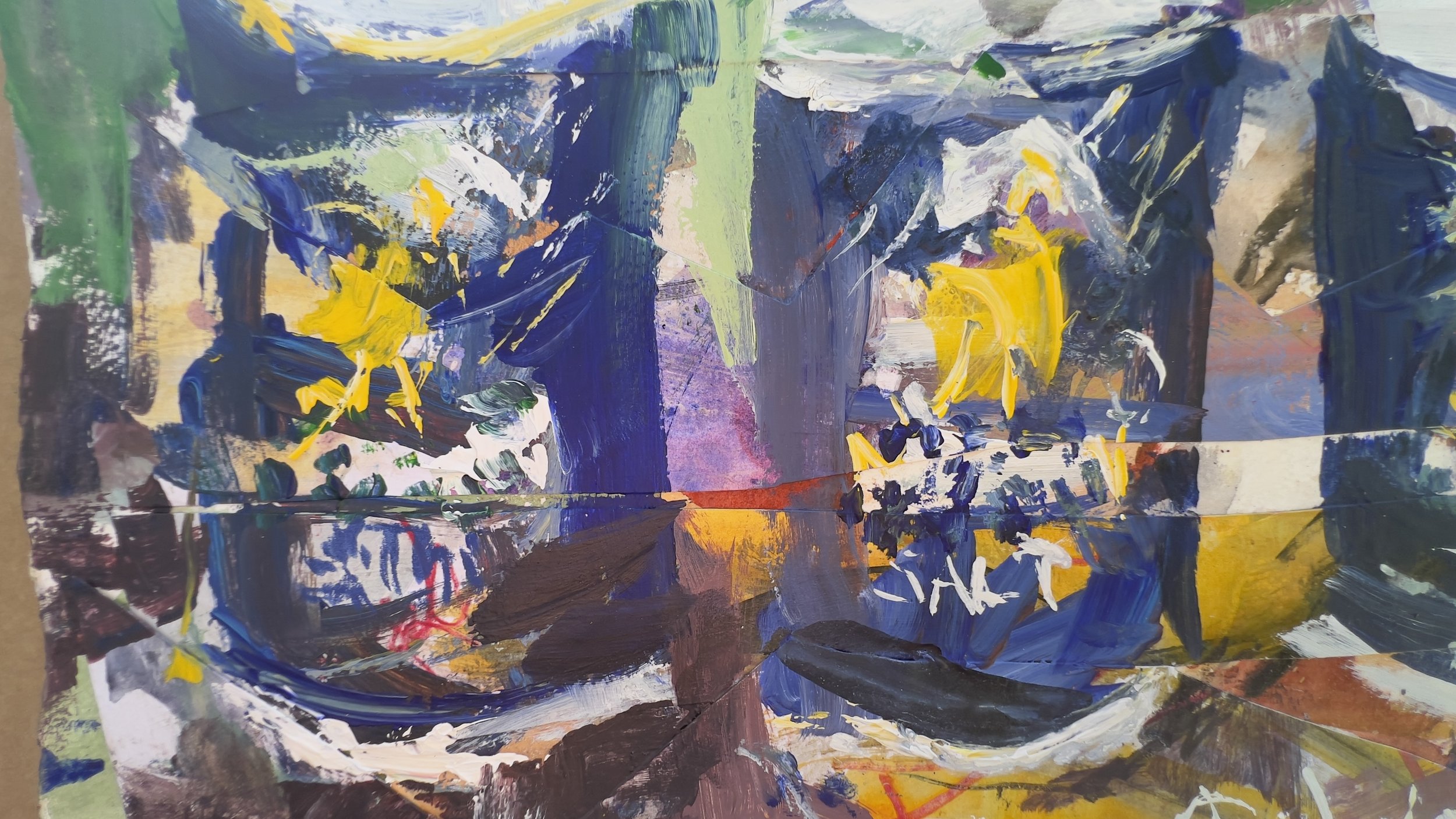 Abstract mixed media painting titled Morton's Salt Containers, deep blue and yellow tones with collage elements, by Robert Joyner close up 2
