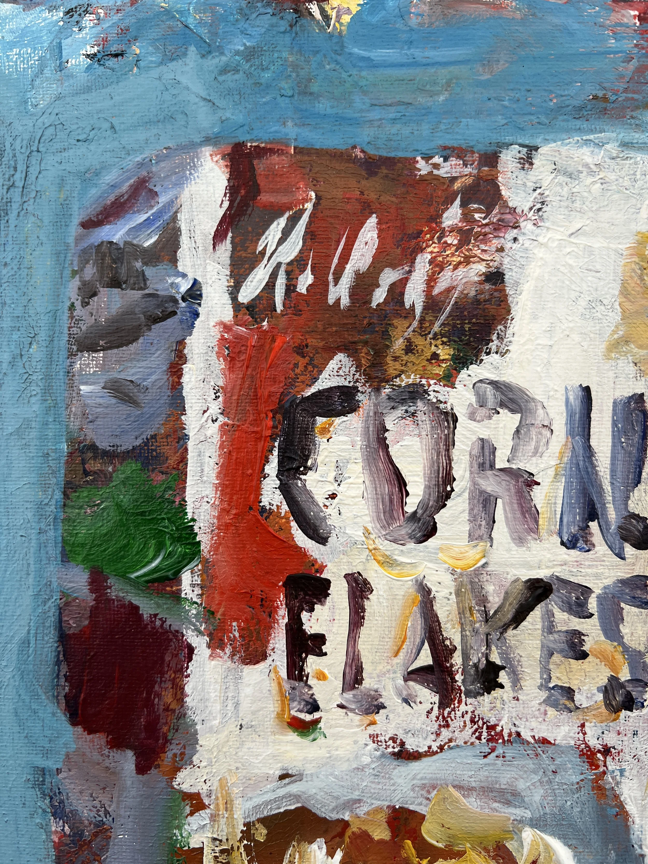 Detail view of Bold expressive painting of Corn Flakes cereal box