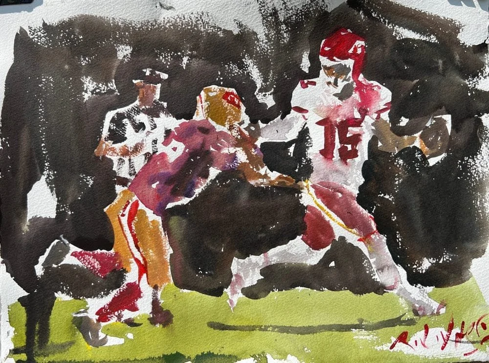 Loose watercolor painting of Chiefs Patrick Mahomes