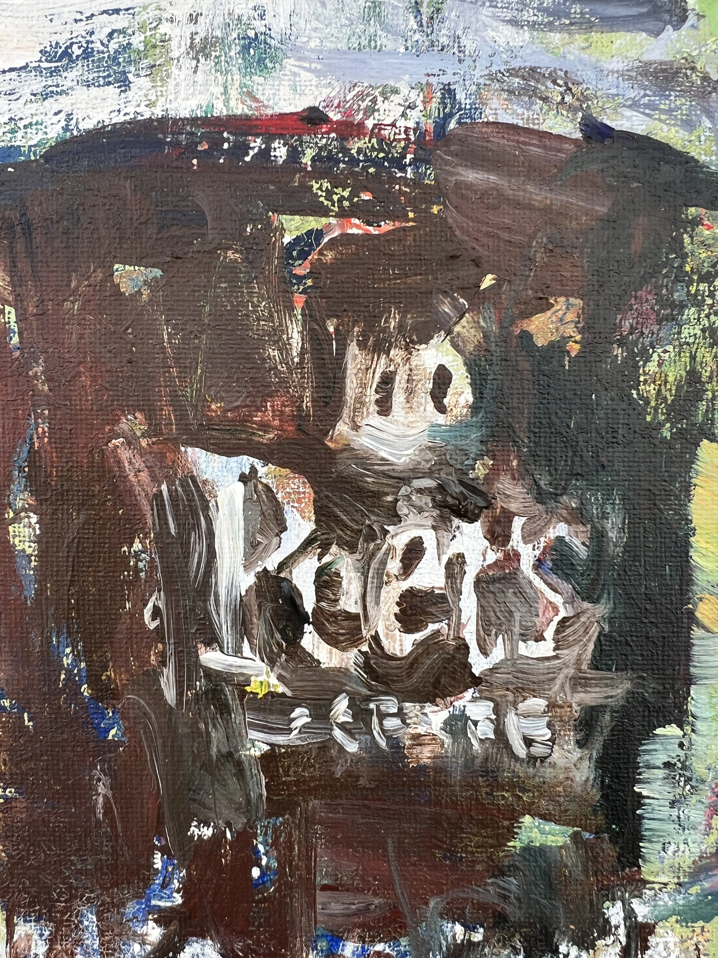 Bold expressive painting of Peet's Coffee brown cup with logo, acrylics on 12x9 canvas - close up 2