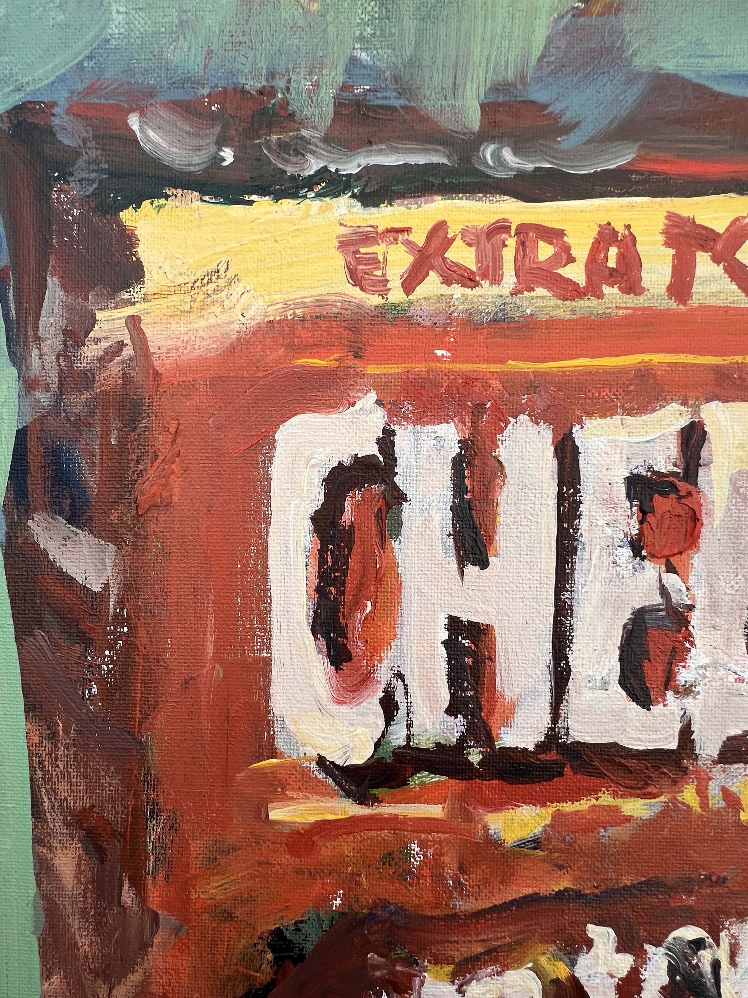 Detail view of Loose expressive acrylic painting of Cheez-It Extra Toastiness box