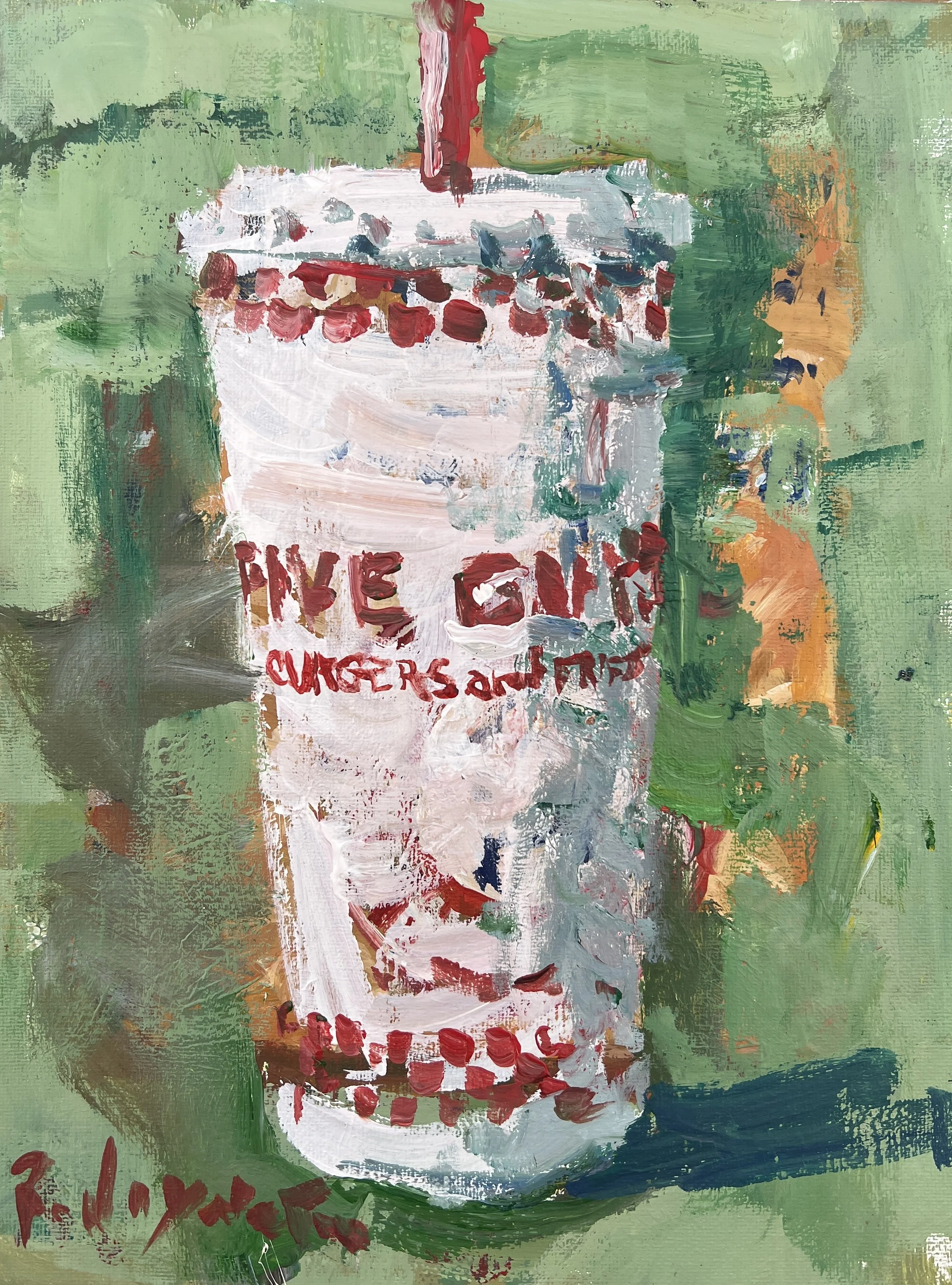 Loose expressive painting of Five Guys cup with red lettering and bold brushwork, acrylic on 12x9 canvas - kitchen wall art