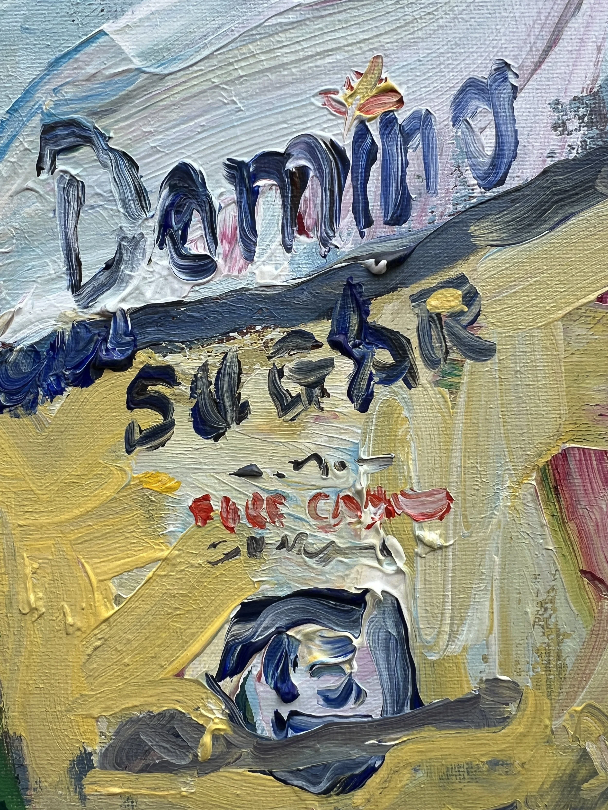 Brushwork detail of Bold expressive painting of Domino sugar yellow bag