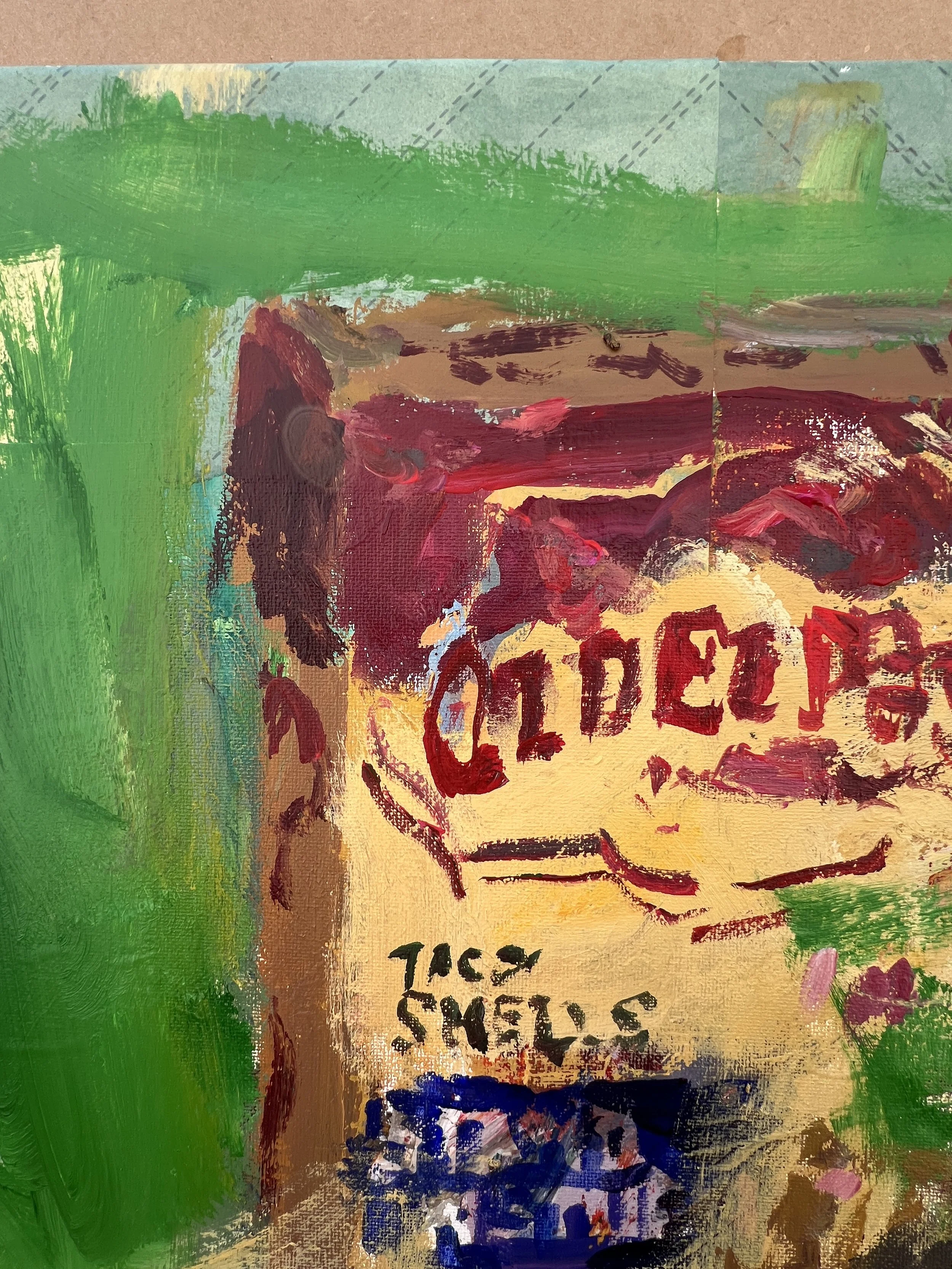 Bold expressive painting of Old El Paso Stand 'n Stuff taco shells box in vibrant colors, acrylics on 20x16 canvas - close up 1