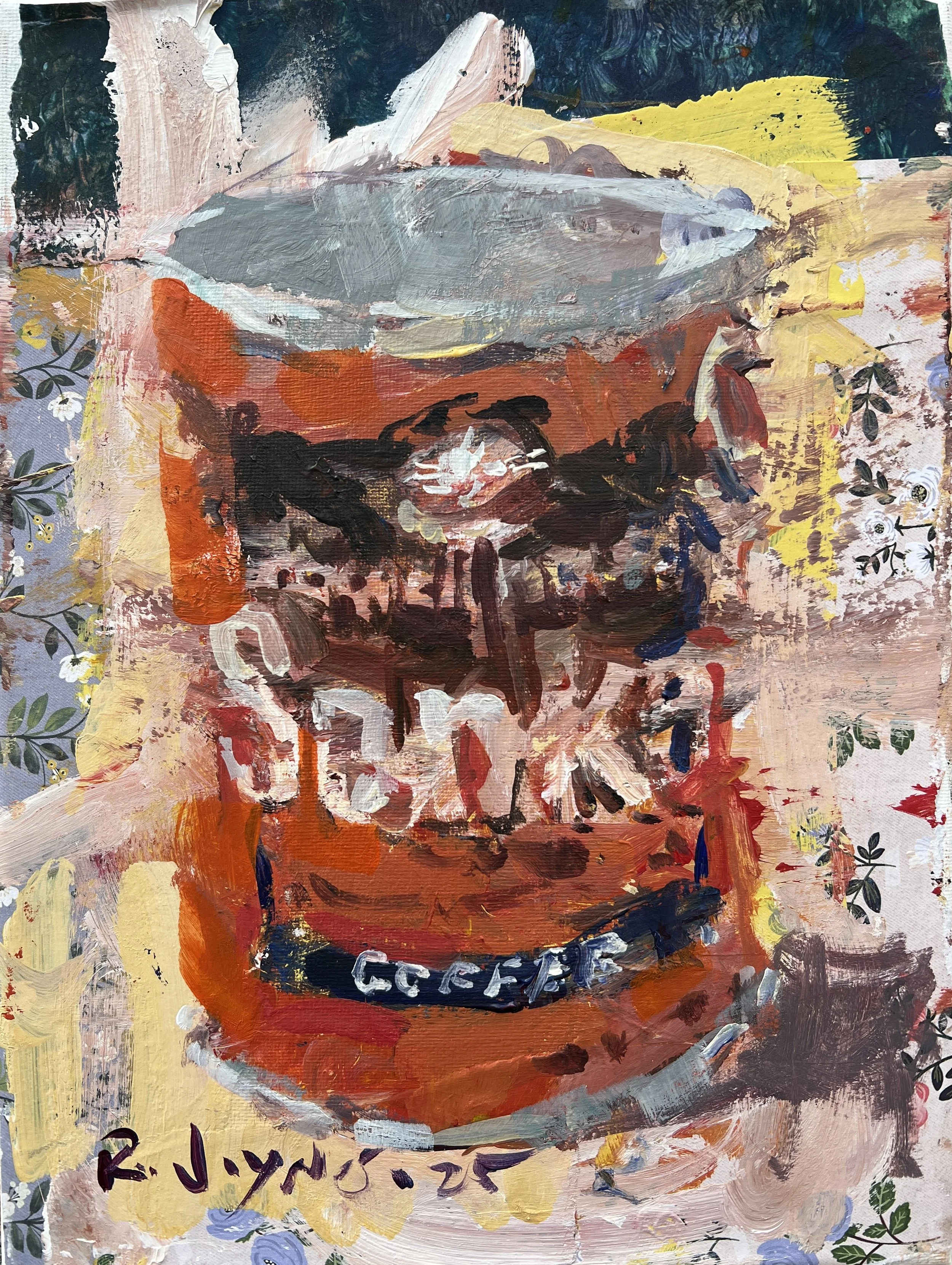 Bold expressive original painting of a vintage Sanka Maxwell House coffee can with loose brushstrokes and layered acrylic and collage texture on 12x9 canvas, nostalgic still life art