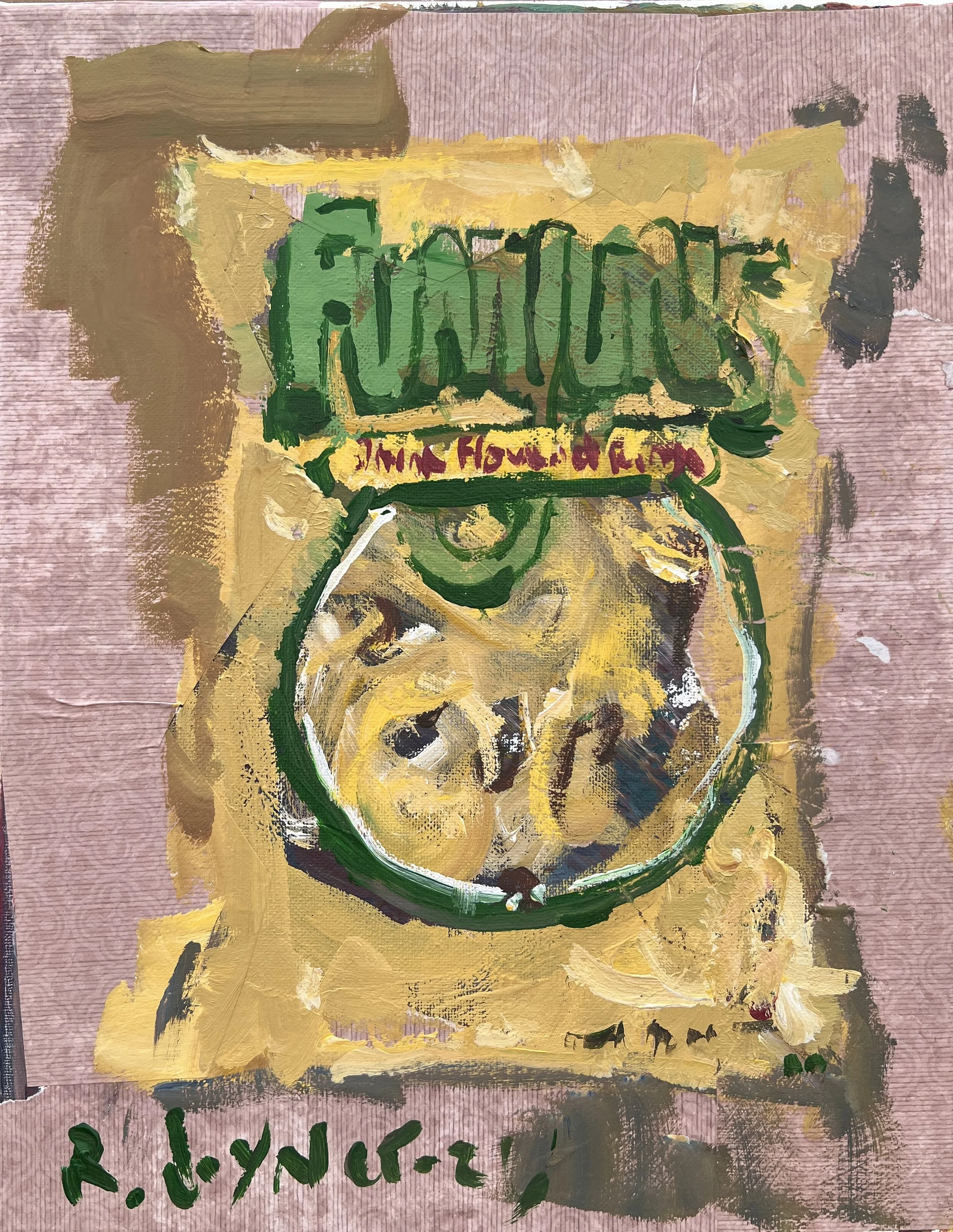 Bold expressive painting of Funyuns onion rings yellow bag with red logo and collage elements, acrylics on 11x14 canvas - game room wall art
