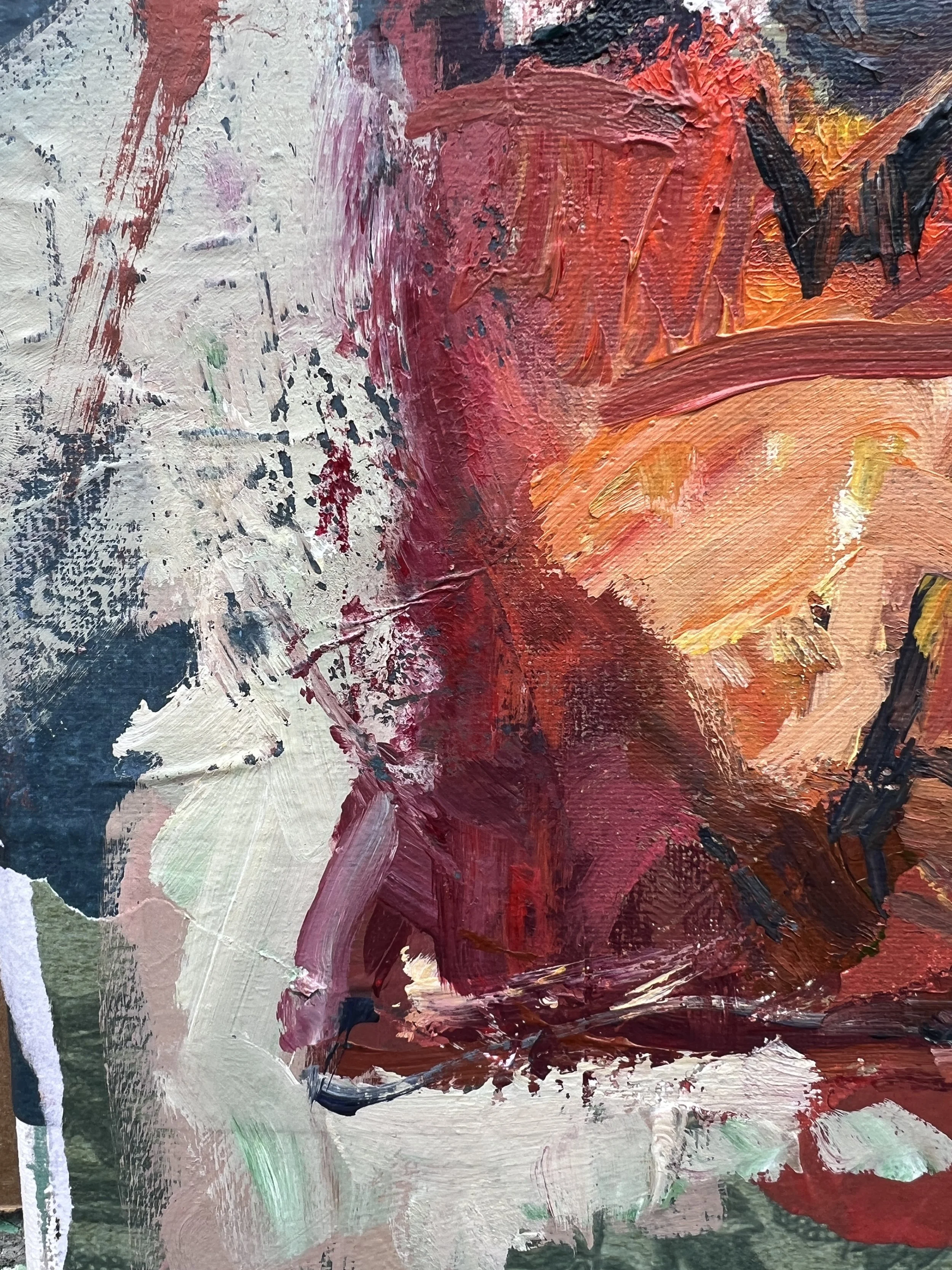 Detail view of Bold expressive painting of Doritos red chip bag