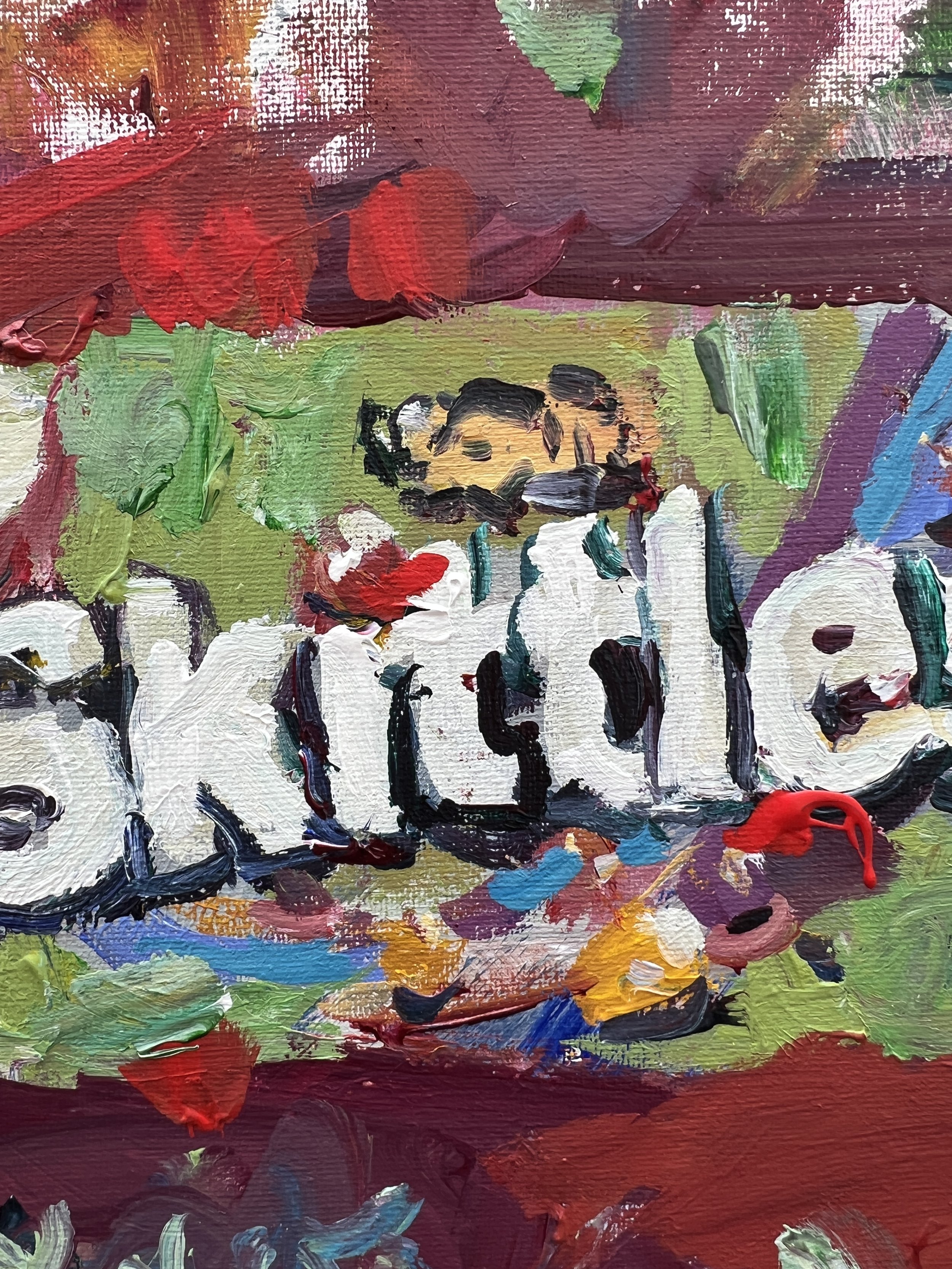 Bold expressive painting of Skittles Sour green candy bag with rainbow candies, acrylics on 12x9 canvas - close up 2