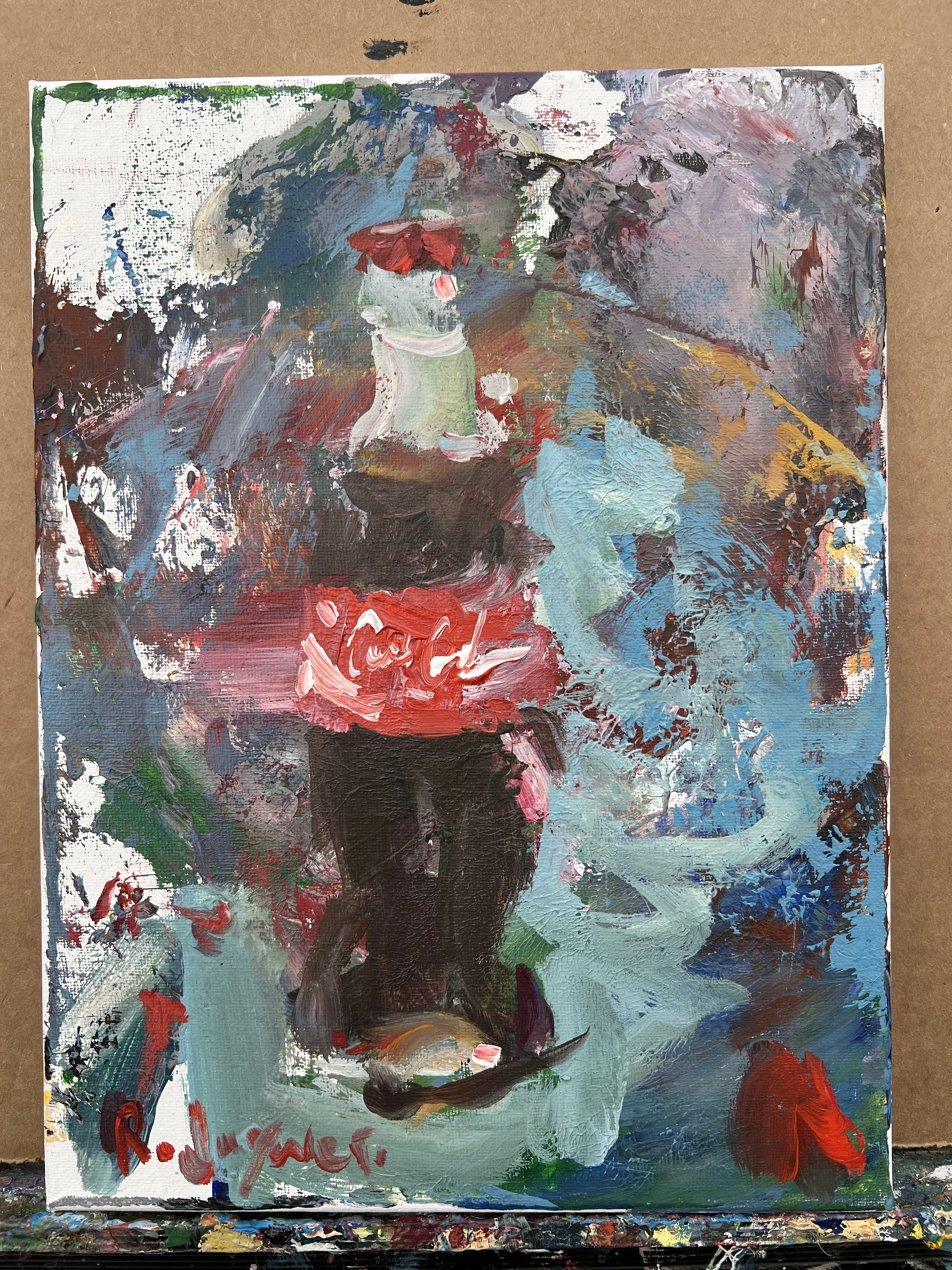 Bold expressive painting of Coca-Cola glass bottle in vibrant reds and blues with textured brushstrokes, acrylics on 12x9 canvas - nostalgic kitchen wall art shows all edges