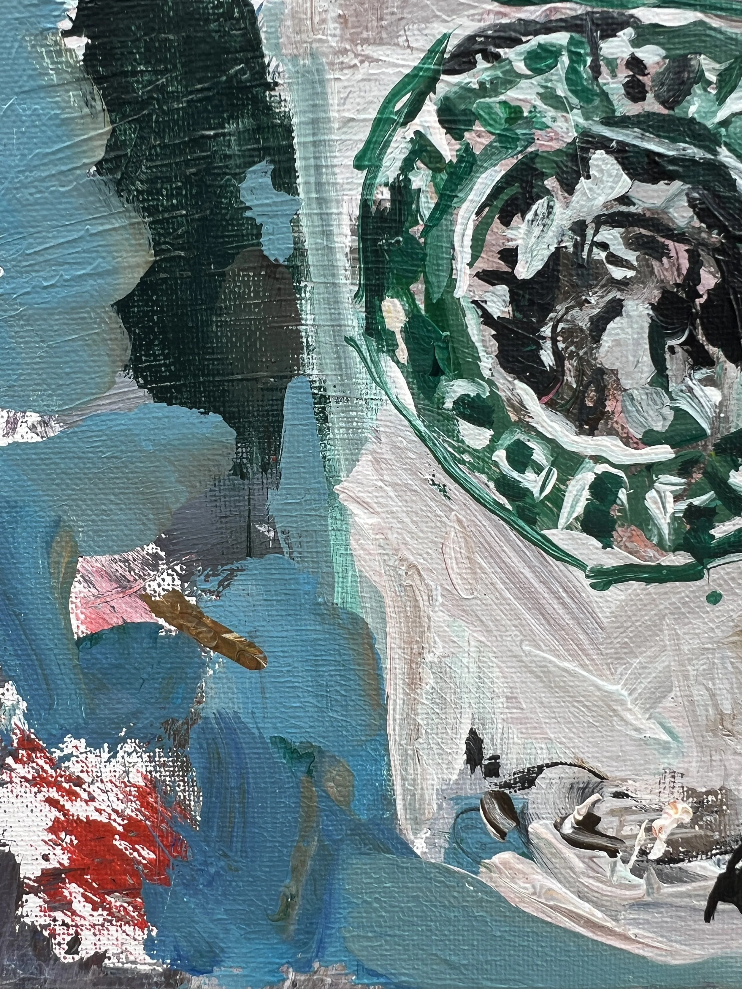 Brushwork detail of Loose expressive original painting of Starbucks to-go coffee cup