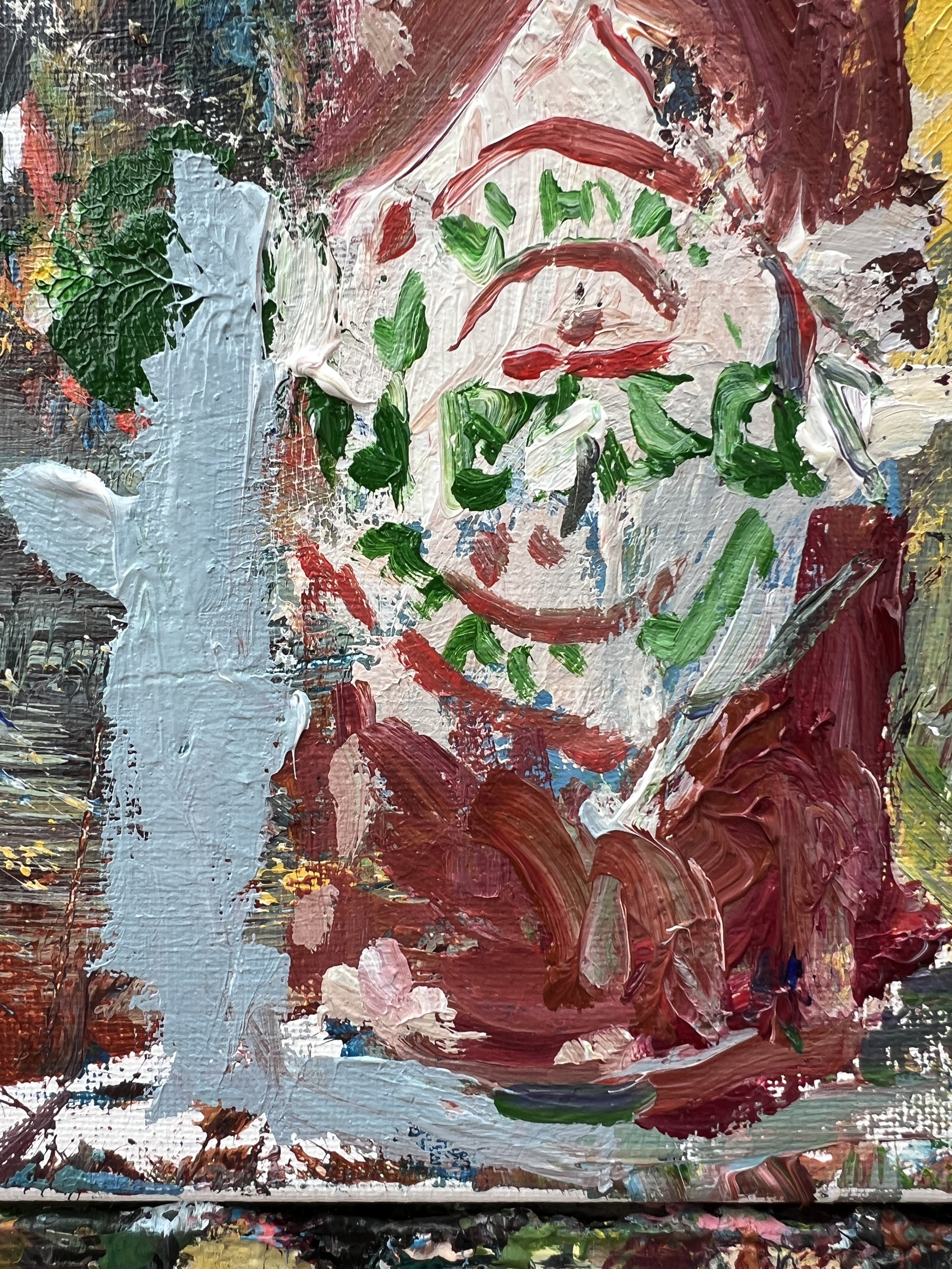 Bold expressive painting of Tabasco hot sauce bottle with red cap and diamond label, acrylics on 12x9 canvas - close up 3