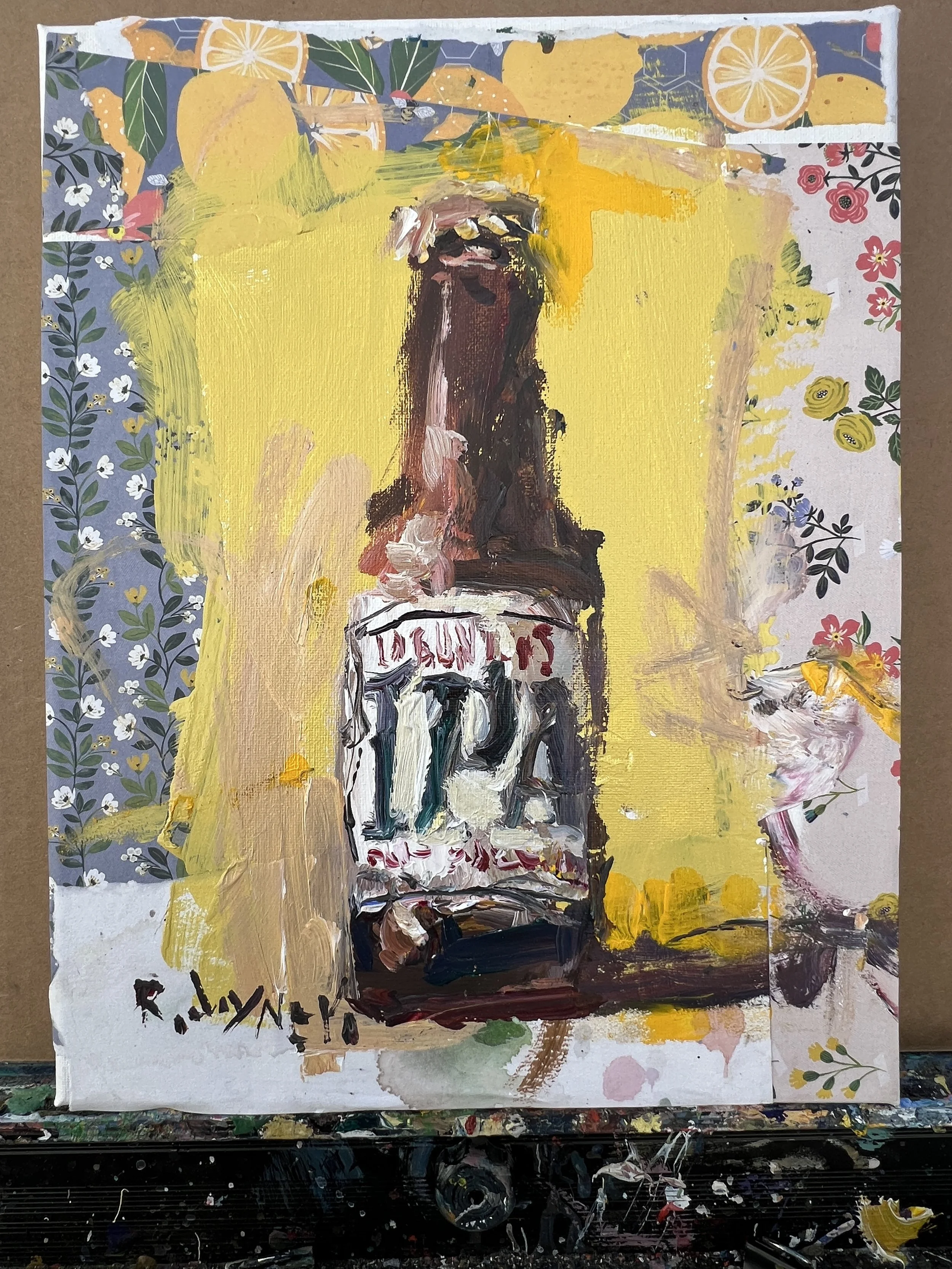 Bold expressive painting of Lagunitas IPA brown beer bottle with white label, mixed media and collage with citrus and floral elements on 11x14 canvas - kitchen wall art shows all edges